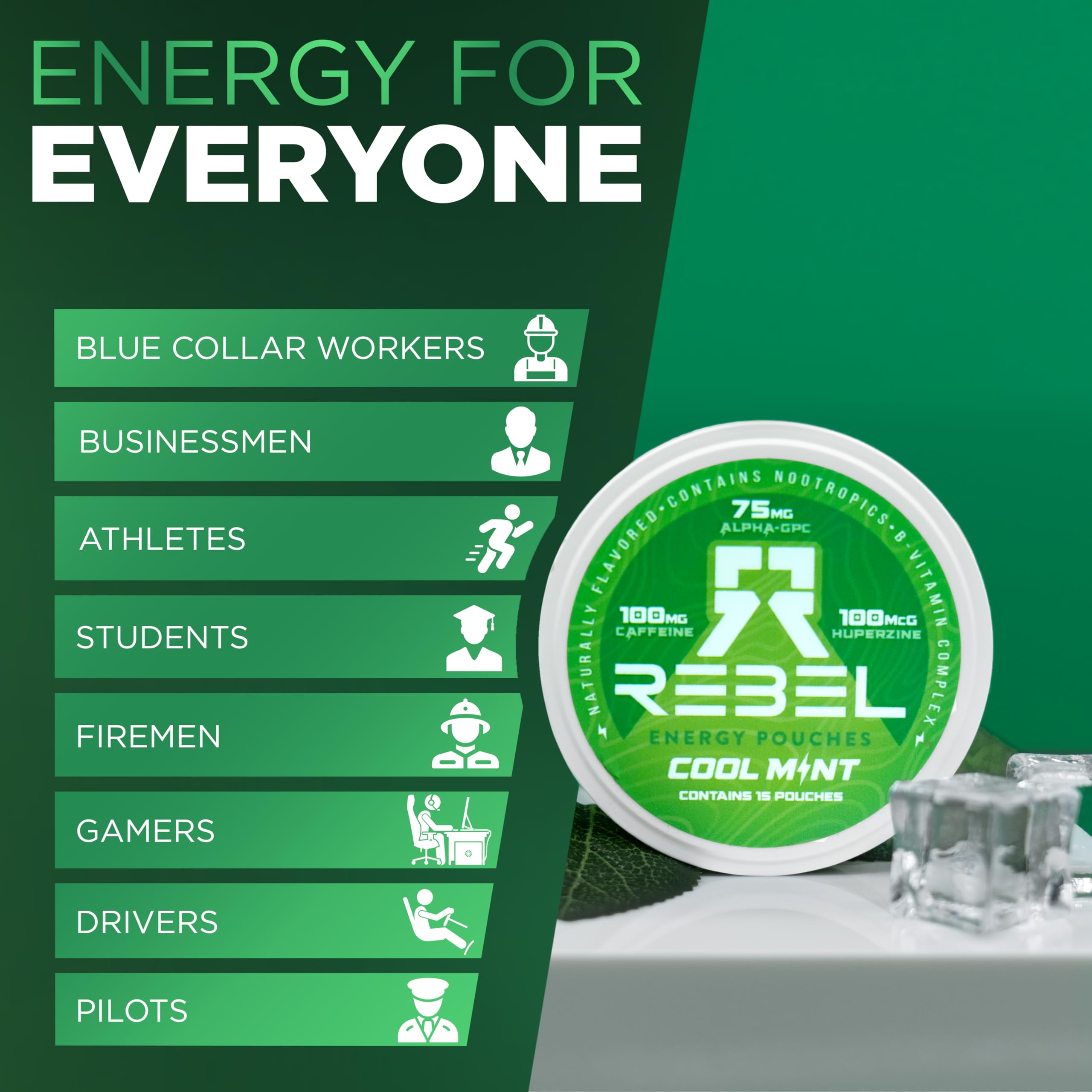 Rebel Nootropic Energy Caffeine Pouches (Cool Mint) • 100mg Caffeine • Alpha GPC • Huperzine A & Essential Vitamins • Sugar-Free • Coconut Fiber Technology • 15 Pouches Per Can (Pack of 4) Rebel Supplements buy supplements canada