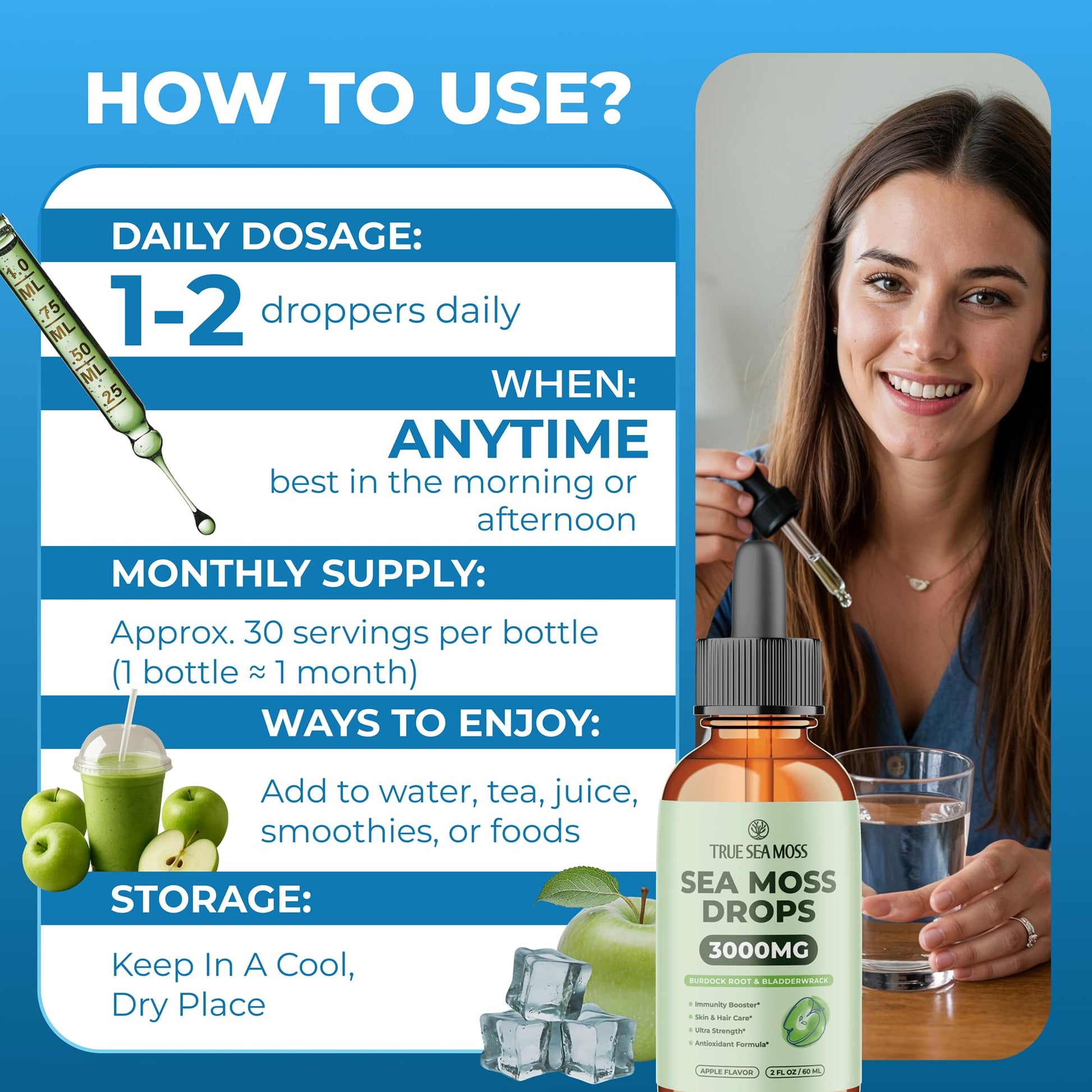 Irish Sea Moss Liquid Drops - 3000mg Formula - with Bladderwrack, Burdock Root & Black Cumin Seed - Liquid Supplement - Apple Flavor - 2 Fl Oz (60ml) TrueSeaMoss buy supplements canada