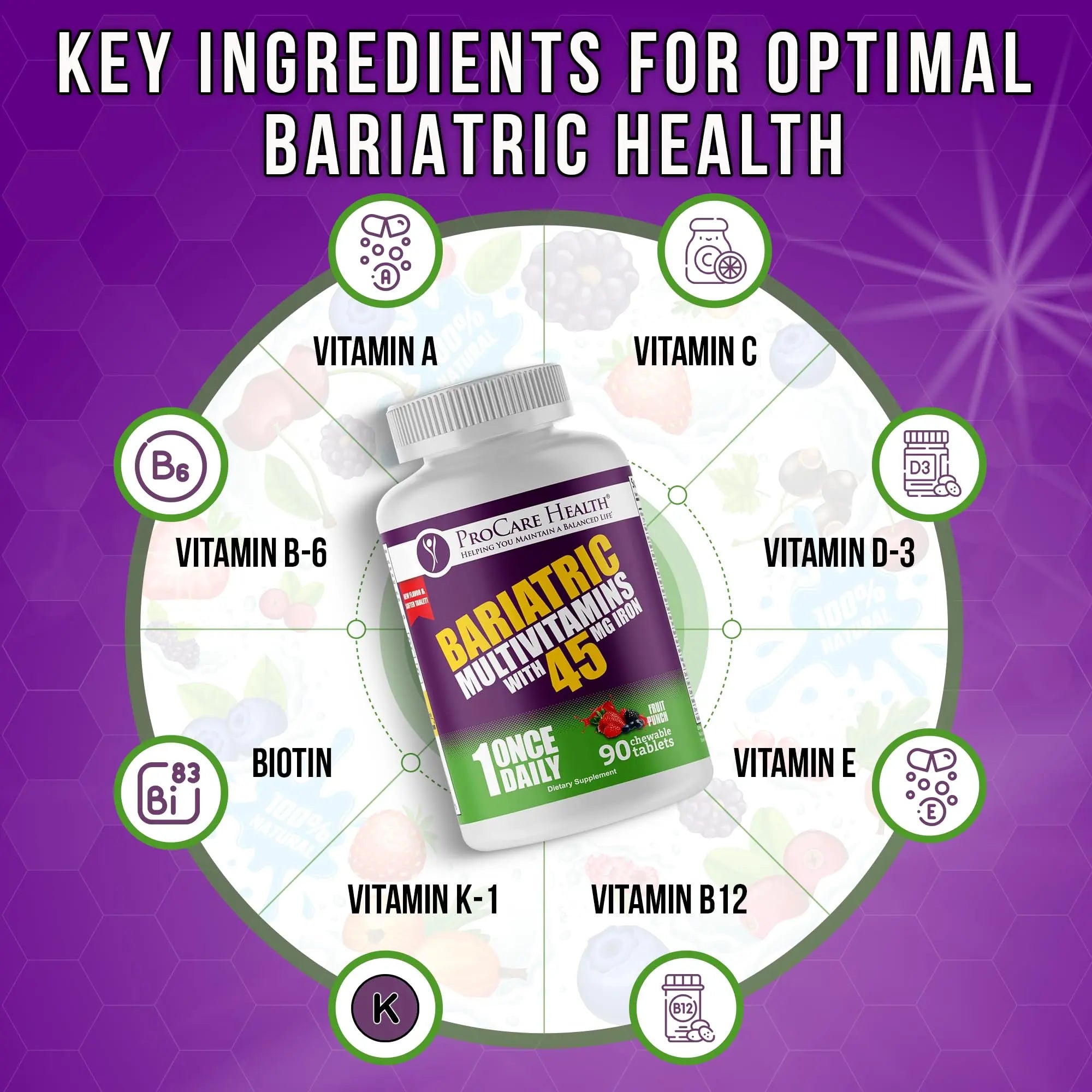 Procare Health Bariatric Multivitamin with Iron 45mg Chewable (90 Tablets) - Fruit Punch Flavor Bariatric Multivitamin Chewable Pills for Gastric Bypass ProCare Health buy supplements canada