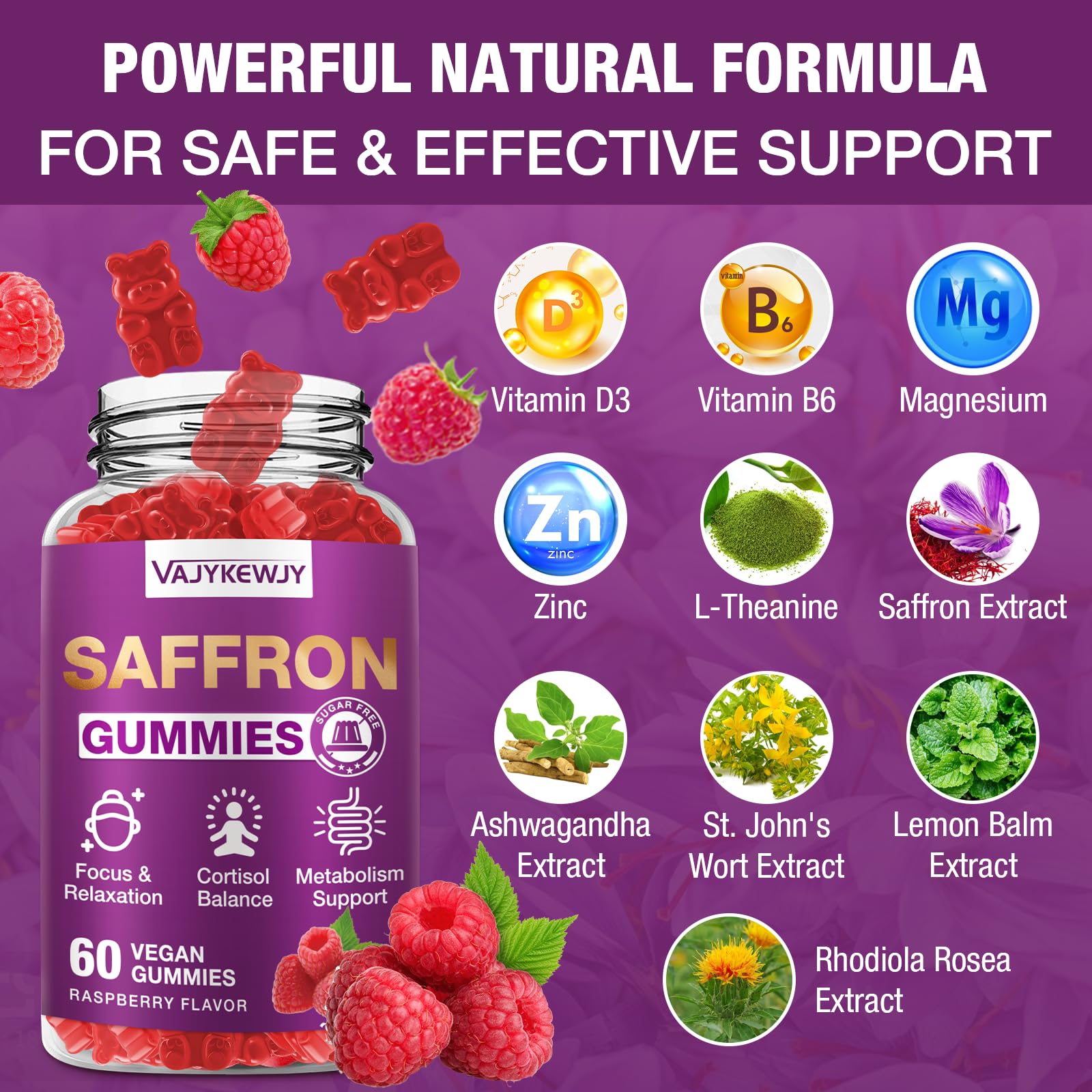 VAJYKEWJY Saffron Gummies (88.5 mg) with Magnesium — Enhanced with St. John’s Wort, Rhodiola, Ashwagandha & Vitamins B6, B12, D3 for Mood & Focus Support — 120 Count VAJYKEWJY buy supplements canada