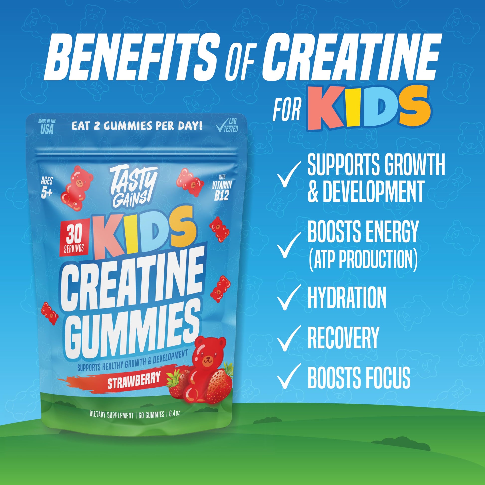 TASTY GAINS Kids & Teen Creatine Gummies with Vitamin B12 for Growth Support, Easy Chew Daily Supplement, Gummy Vitamins for Kids and Teens, Ages 5+ TASTY GAINS buy supplements canada