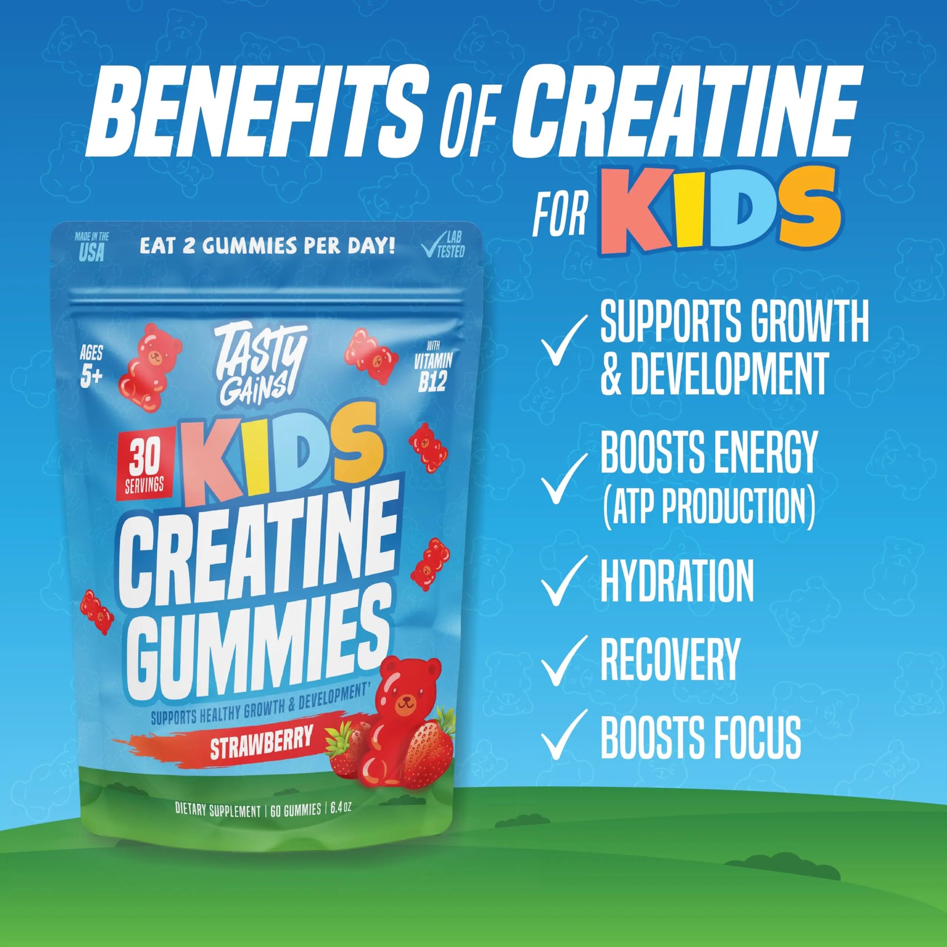 TASTY GAINS Kids & Teen Creatine Gummies with Vitamin B12 for Growth Support, Easy Chew Daily Supplement, Gummy Vitamins for Kids and Teens, Ages 5+ TASTY GAINS buy supplements canada