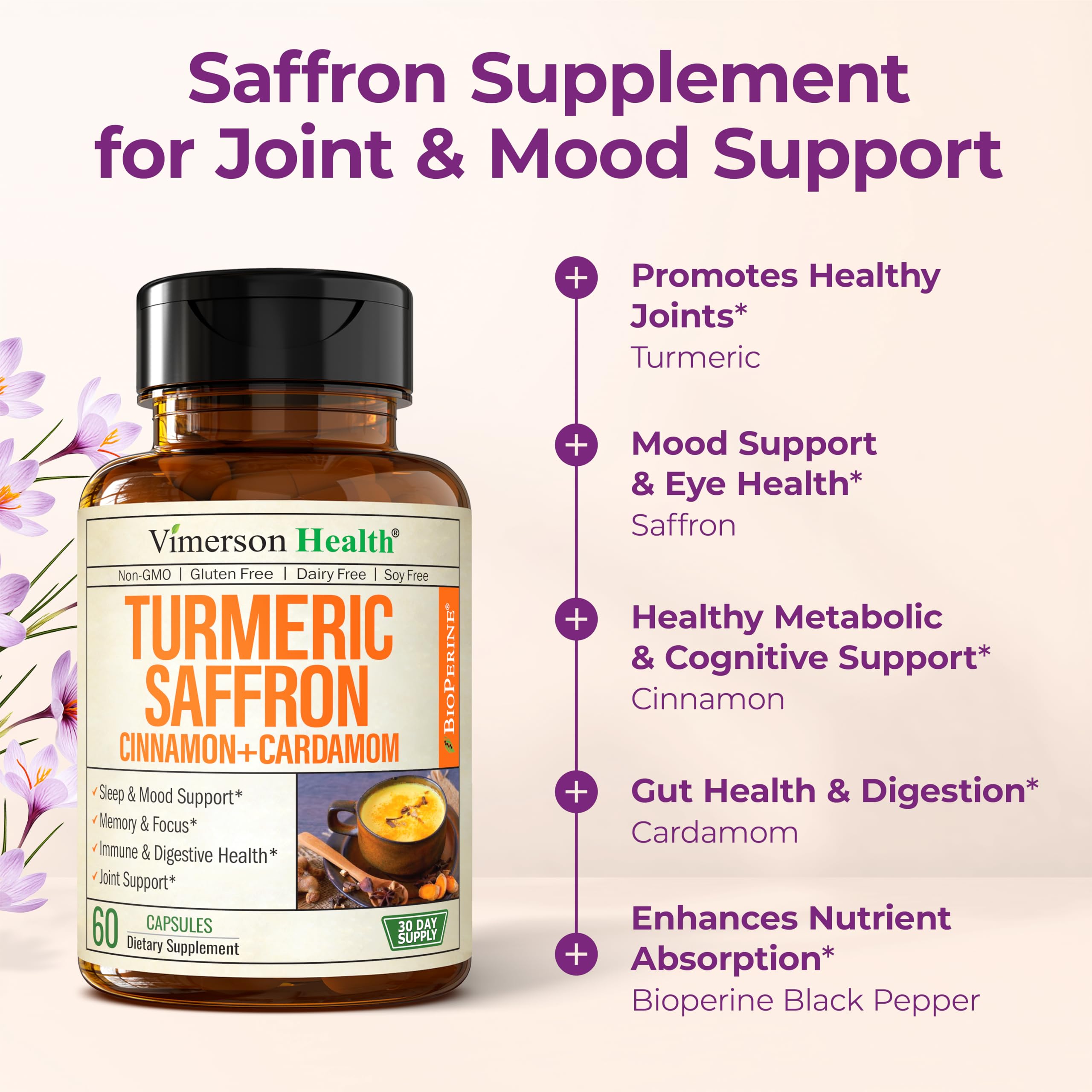 Saffron Supplements – 89mg Saffron Extract, 1000mg Turmeric Curcumin, Ceylon Cinnamon & Cardamom – Daily Mood, Joint & Metabolic Support – Joint Supplements for Women & Men – 60 Capsules Vimerson Health buy supplements canada