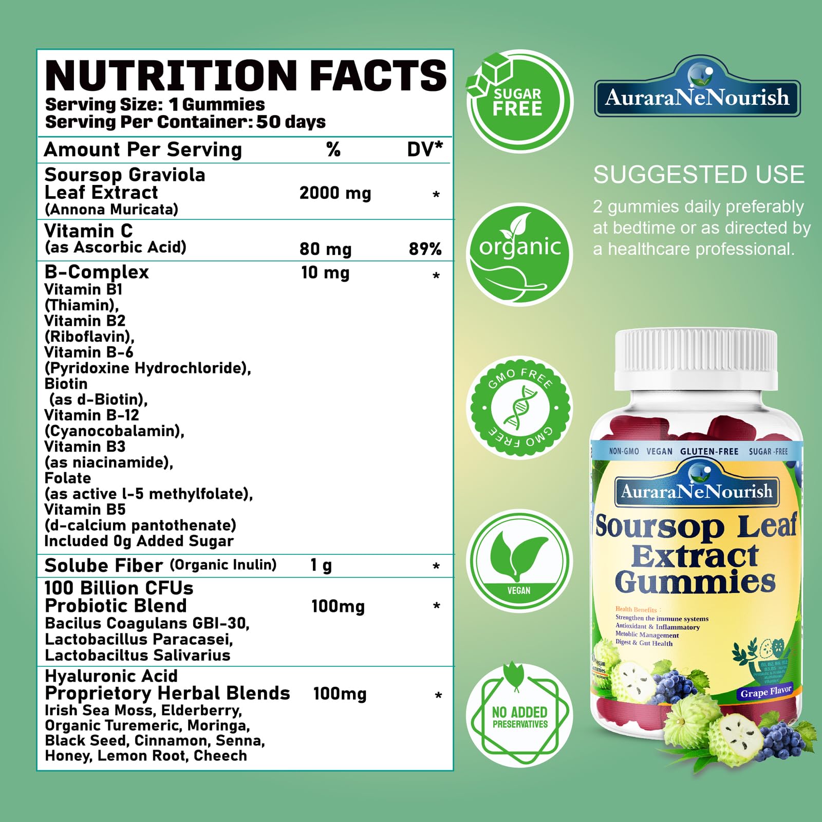 AuraraNeNourish Sugar Free Soursop Gummies with Probiotics & Fiber 100 Billion CFUs, Organic Soursop Leave Extract with Vitamin C B-Complex for Digestive Gut Health, Energy Balance, Immune Boost AuraraNeNourish buy supplements canada
