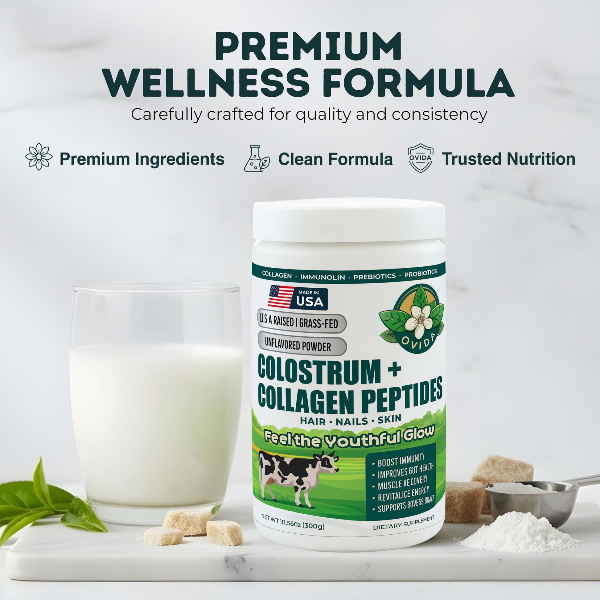 Bovine Colostrum and Hydrolyzed Collagen Peptides Powder Supplement for Women & Men - Supports Gut Health, Joint & Bone Health, Hair Skin Nails - Grass-Fed, Non-GMO, Gluten Free, 300g (30 Servings) OVIDA buy supplements canada