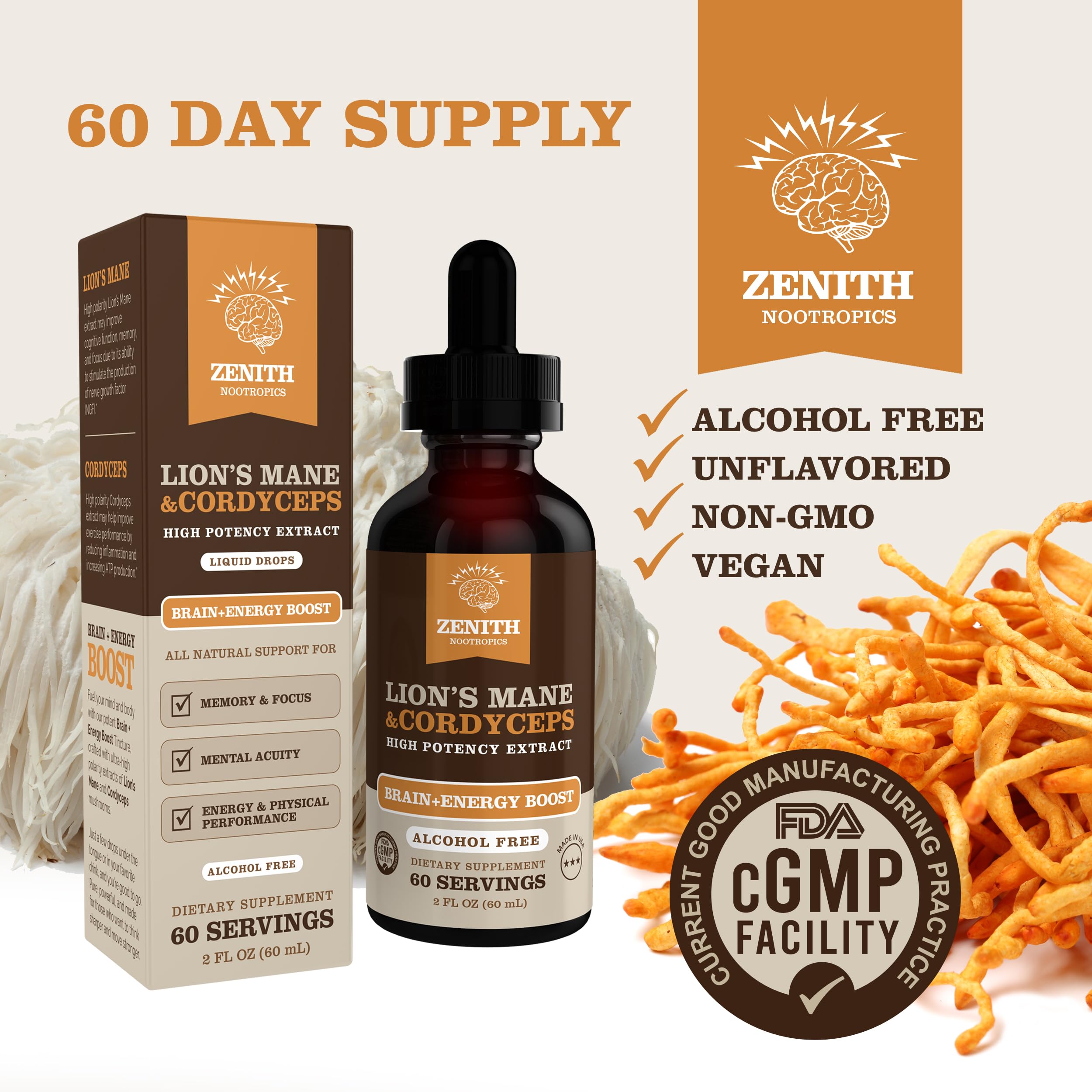 Zenith Nootropics Lion’s Mane & Cordyceps Supplement – Brain & Energy Support – Focus, Memory, Clarity, Immunity – Vegan, Alcohol-Free Tincture – Up-to 2-Month Supply, 2 fl oz Zenith Nootropics buy supplements canada