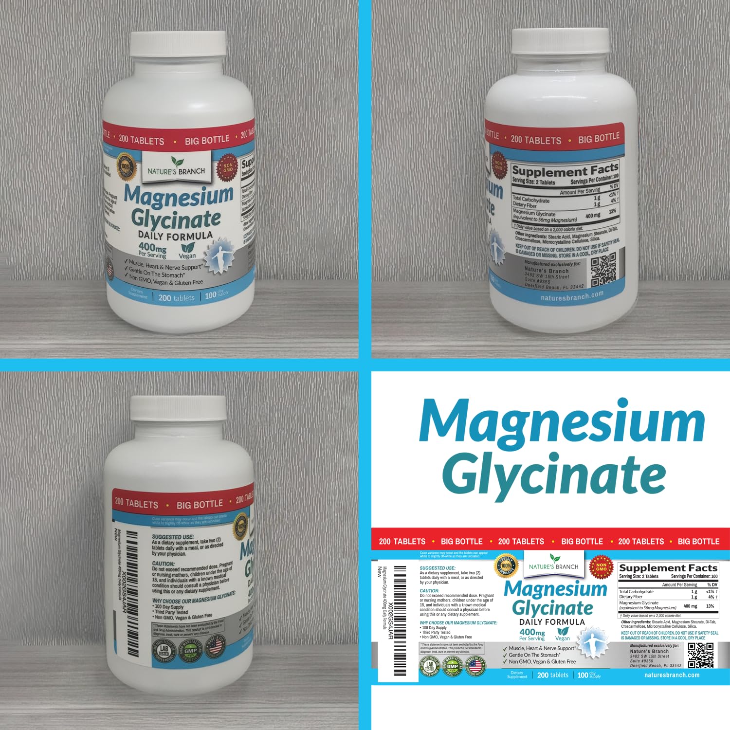 Magnesium Glycinate 400mg | 200 Tablets | High Absorption Mag Supplements for Sleep, Leg Cramps, Heart, Muscle, Calm | Non Buffered Bisglycinate, Extra Strength for Women and Men, Tablets Not Capsules NATURE'S BRANCH buy supplements canada