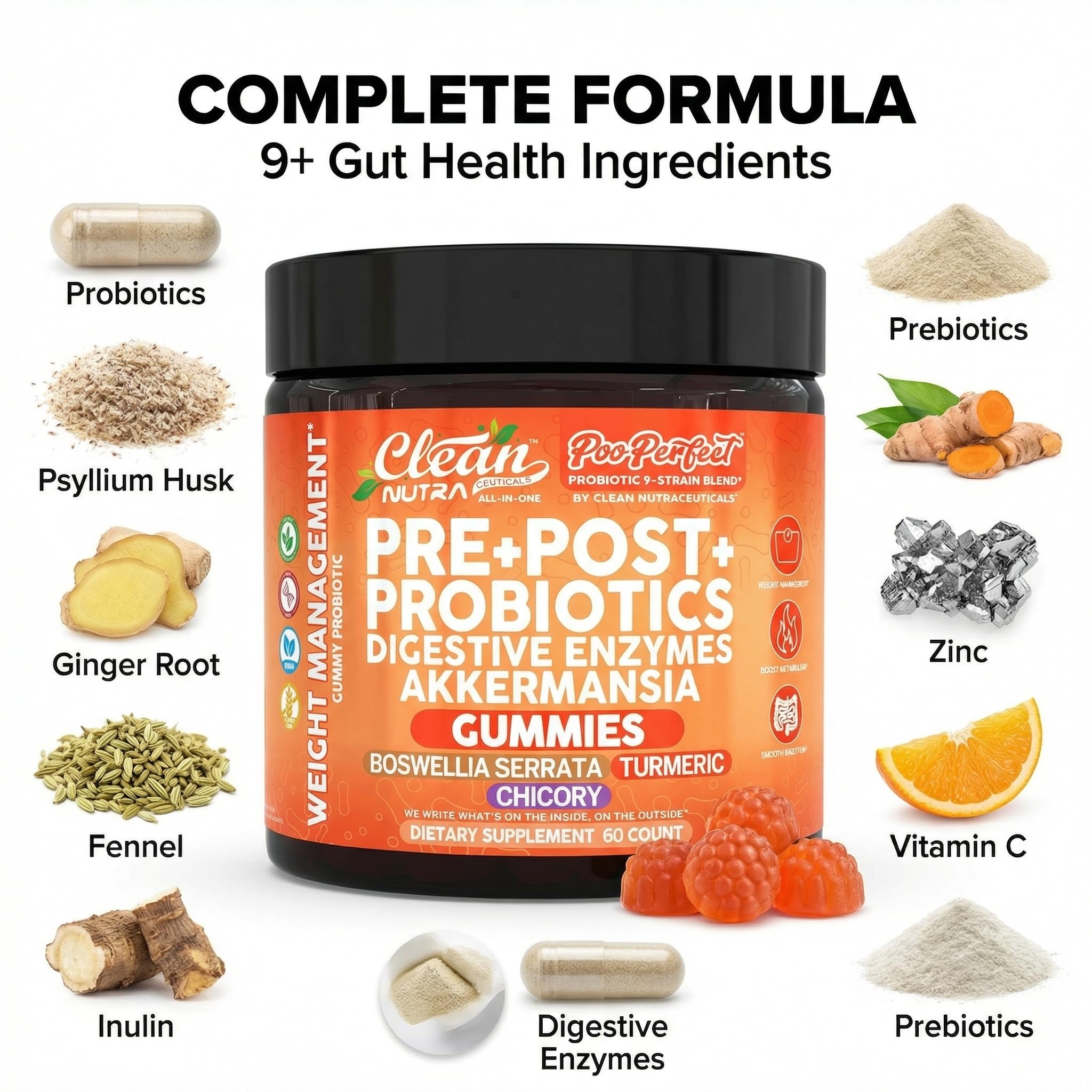 Clean Nutra Prebiotic Postbiotic Digestive Enzymes Gummies with Chicory Root, Boswellia Serrata, Turmeric, and Akkermansia | Pre+Post Probiotics Supplement Clean Nutraceuticals buy supplements canada