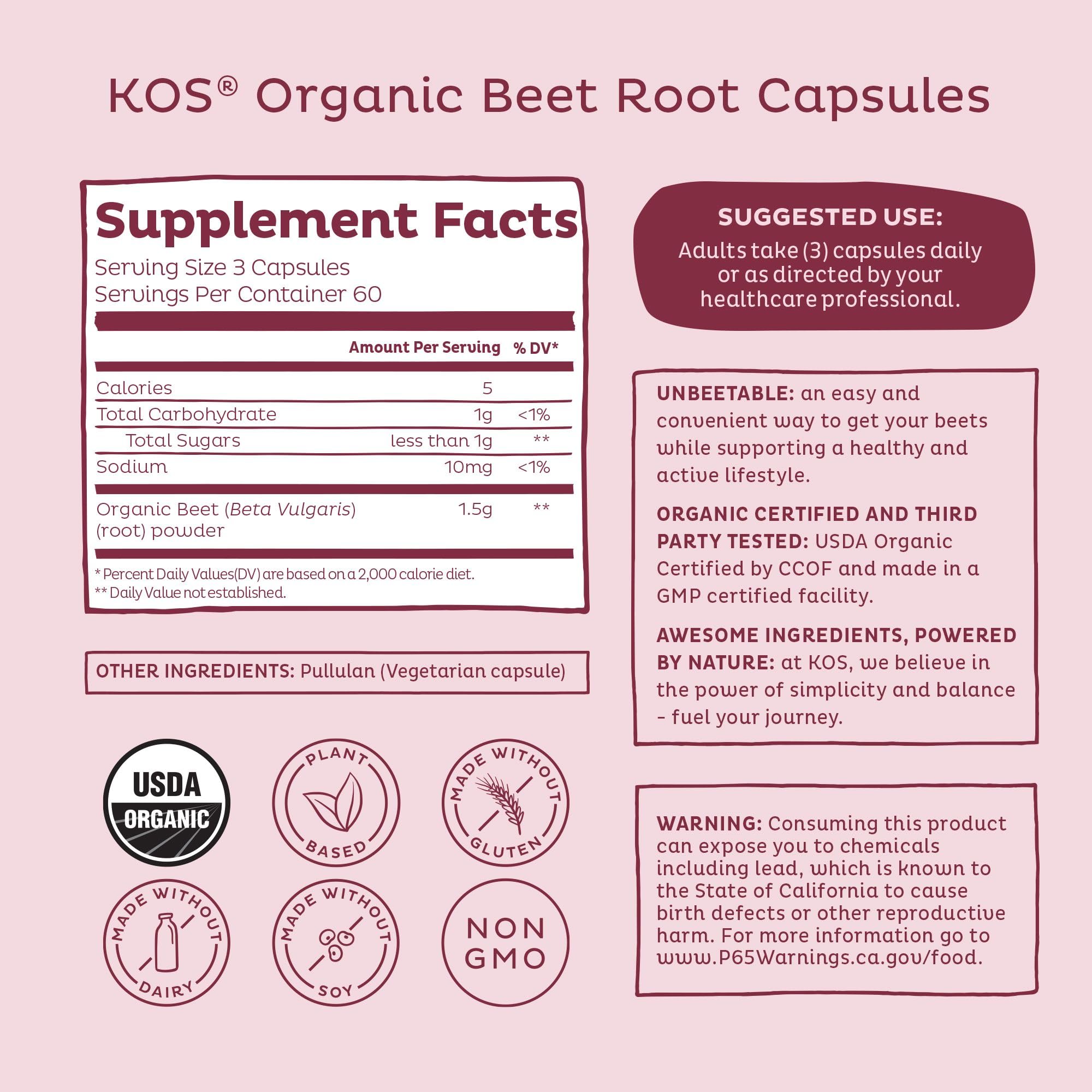 KOS Organic Beetroot Capsules 1500mg - USDA Organic, Antioxidant Power from Organic Beet Root Superfood, Supports Healthy & Active Lifestyle - Non-GMO, KOS buy supplements canada