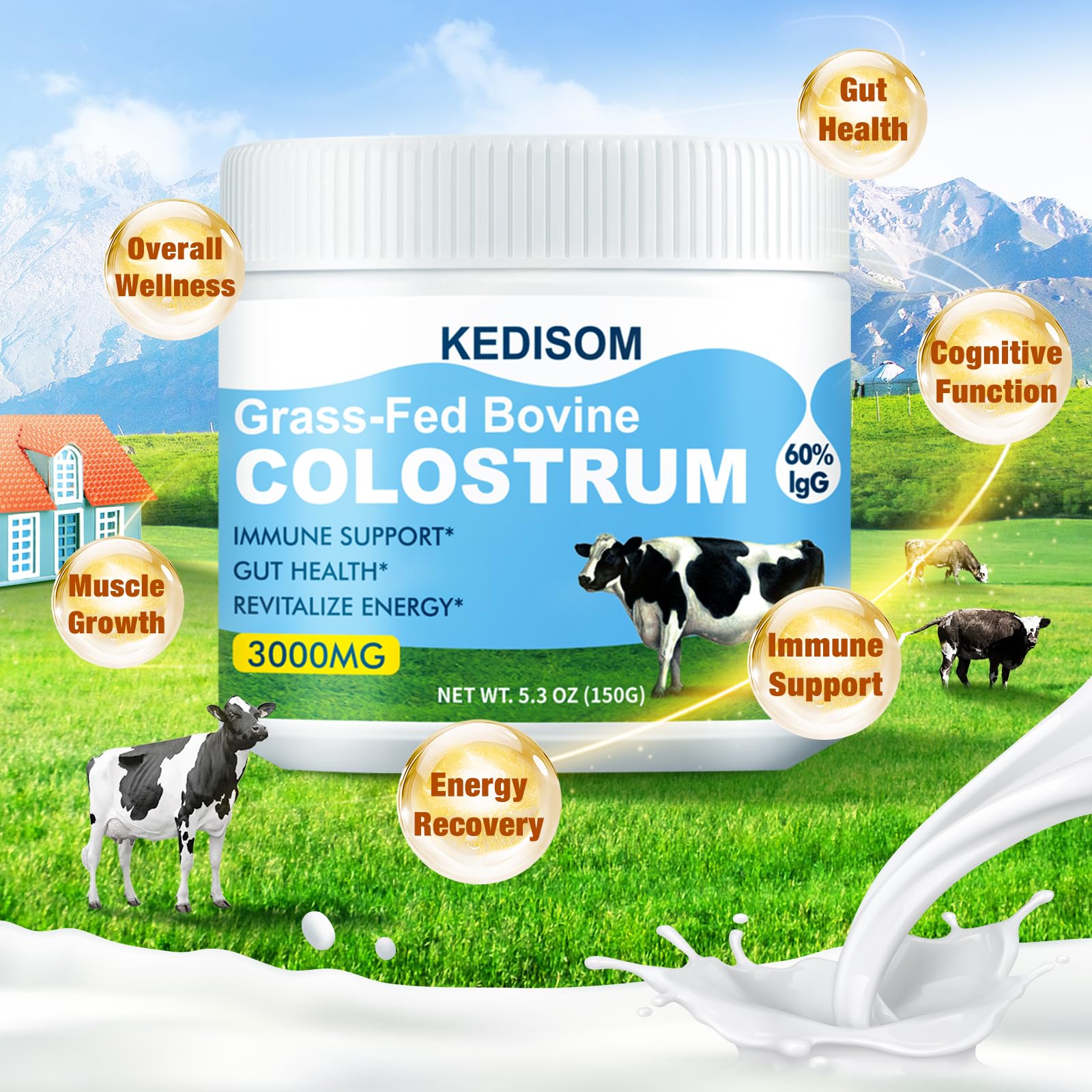 KEDISOM Grass-Fed Bovine Colostrum Supplement Powder - 60% High IgG 3000 mg for Gut Health, Immune Support - Easy to Mix Natural Liposomal Colostrum Superfood, Unflavored, 50 Servings KEDISOM buy supplements canada