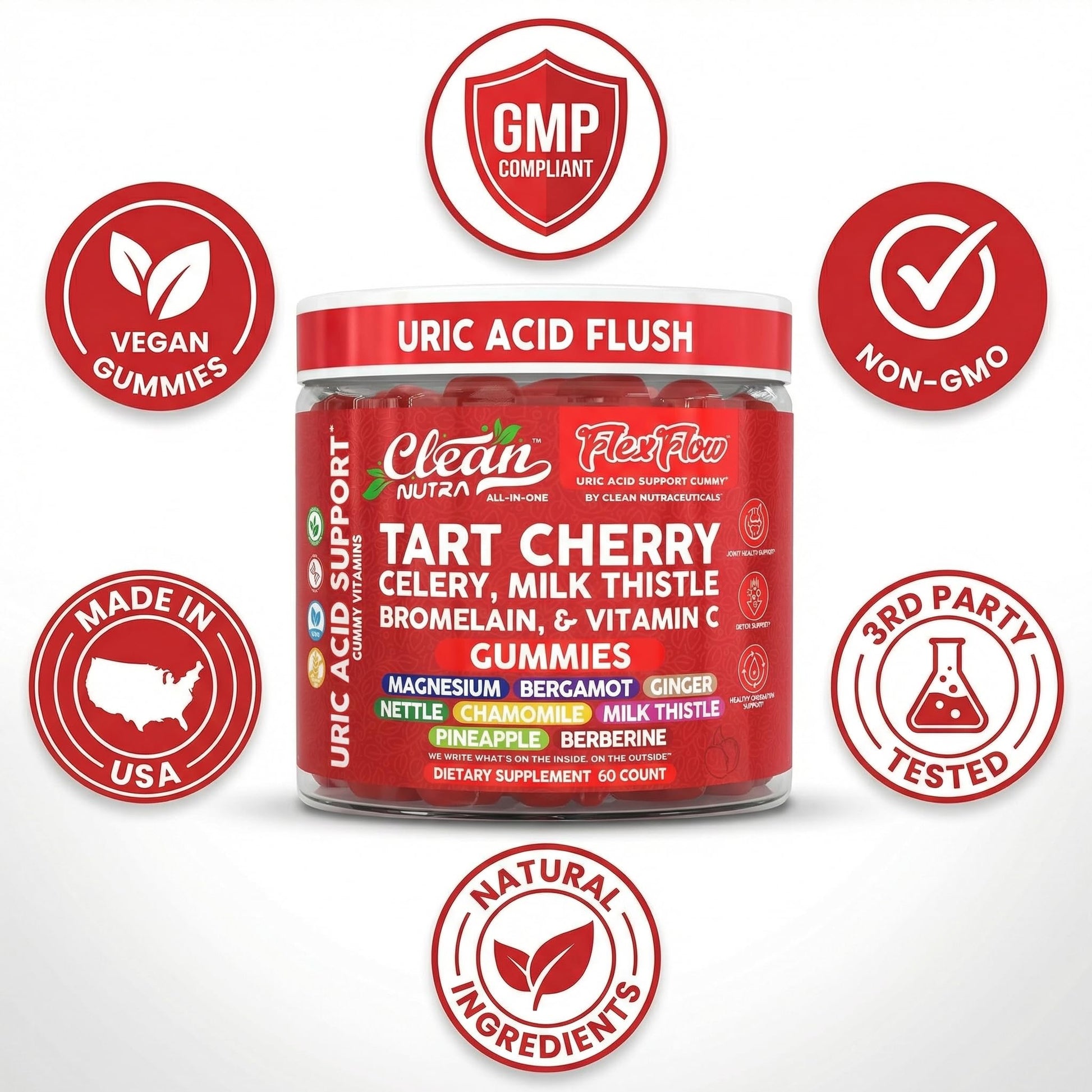 Clean Nutra Tart Cherry Gummies Uric Acid Flush Celery Milk Thistle Bromelain Vitamin C Magnesium Citrus Bergamot Ginger Stinging Nettle Leaf Chamomile Berberine Quercetin Support 60 Gummy Vitamins Clean Nutraceuticals buy supplements canada