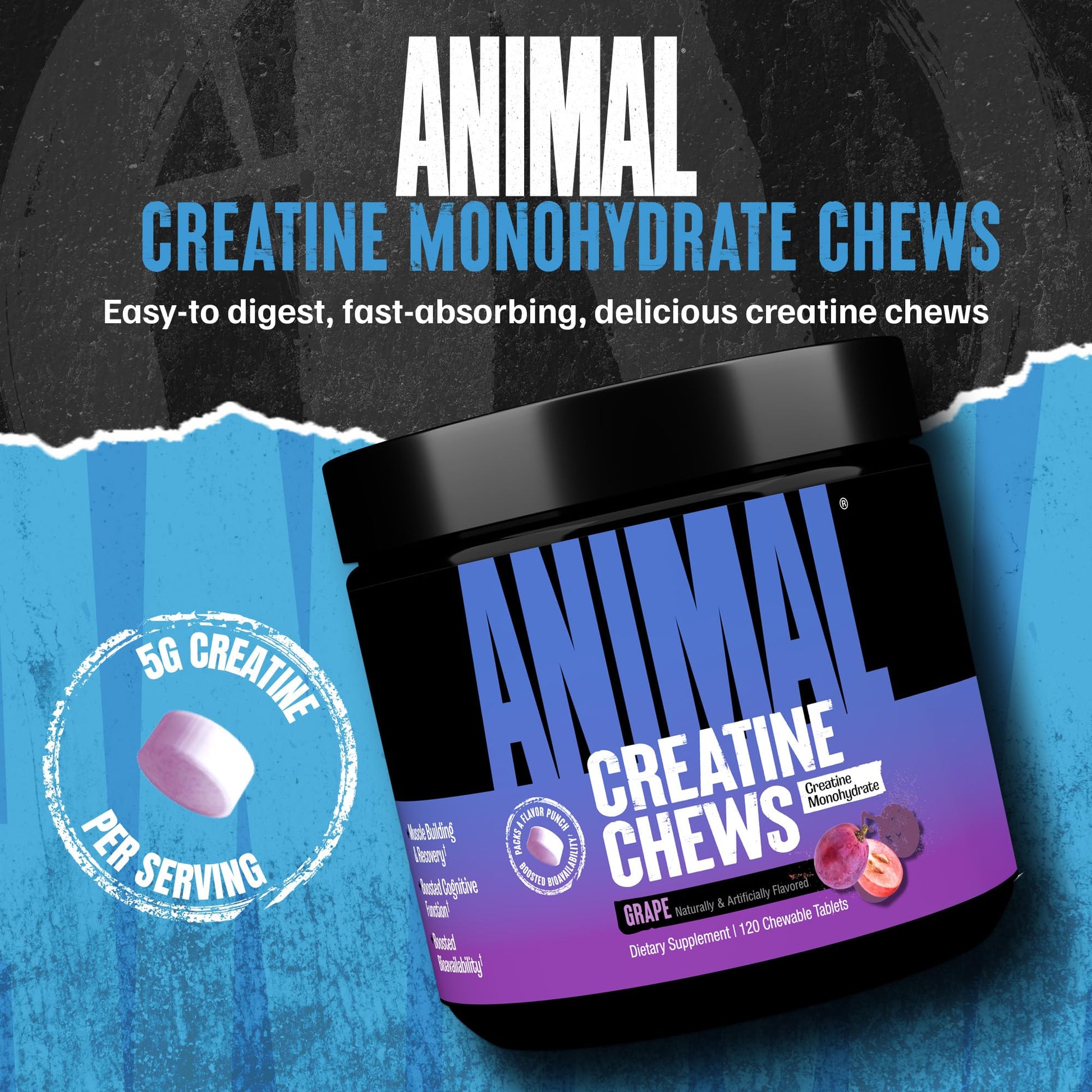 Animal Creatine Chews – 5g Creatine Monohydrate Tablets for Strength, Power & Training Recovery Support – Enhanced Absorption with AstraGin® – Convenient Chewable Format – 120 Tablets Animal buy supplements canada