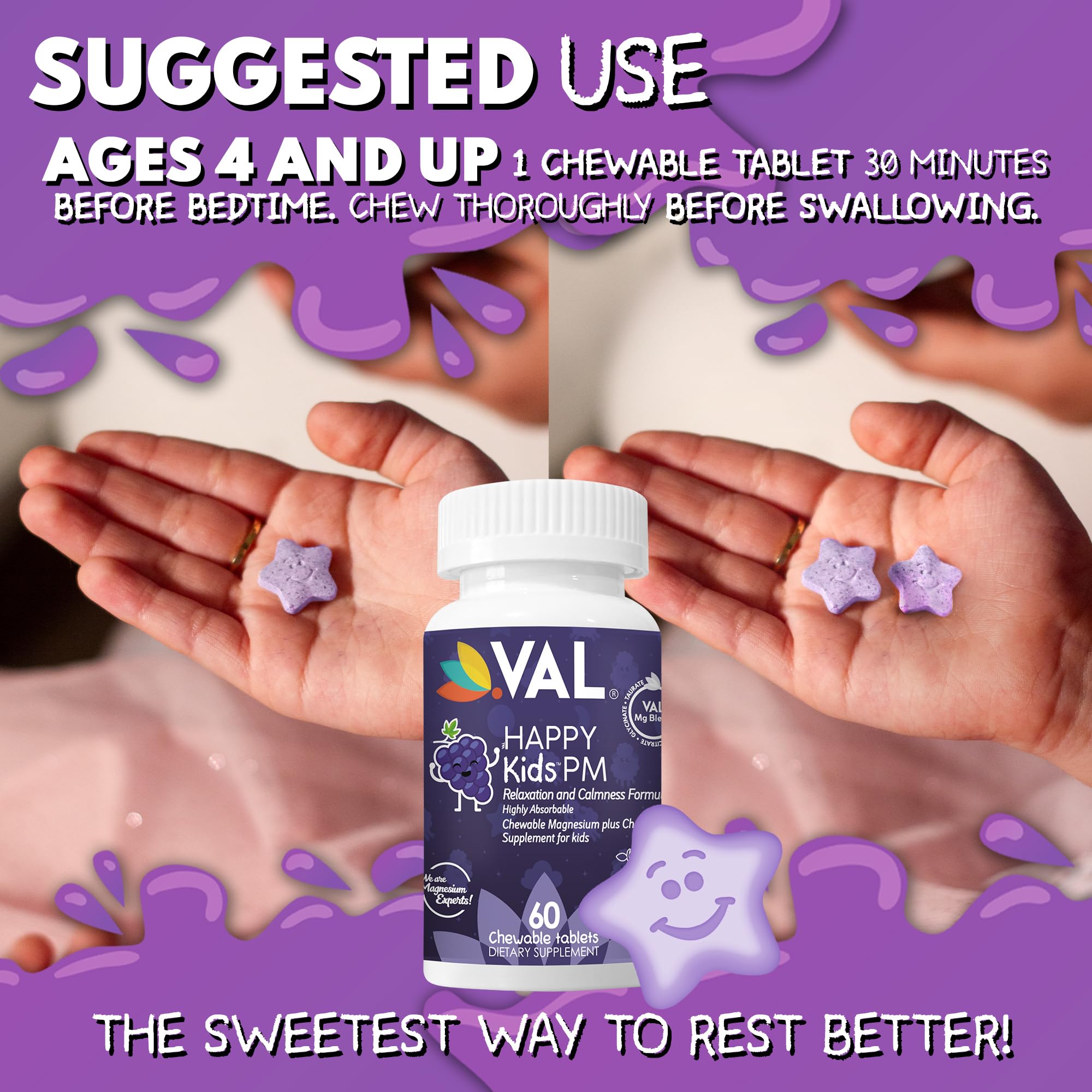 VAL Kids PM Magnesium Gummies | Sugar-Free Chewable Tablets with Chamomile, Magnesium Glycinate + Citrate + Taurate | Vitamin B6 & C | Natural Grape Flavor | Sleep & Calm Support | 60 Ct | Ages 4+ VAL buy supplements canada