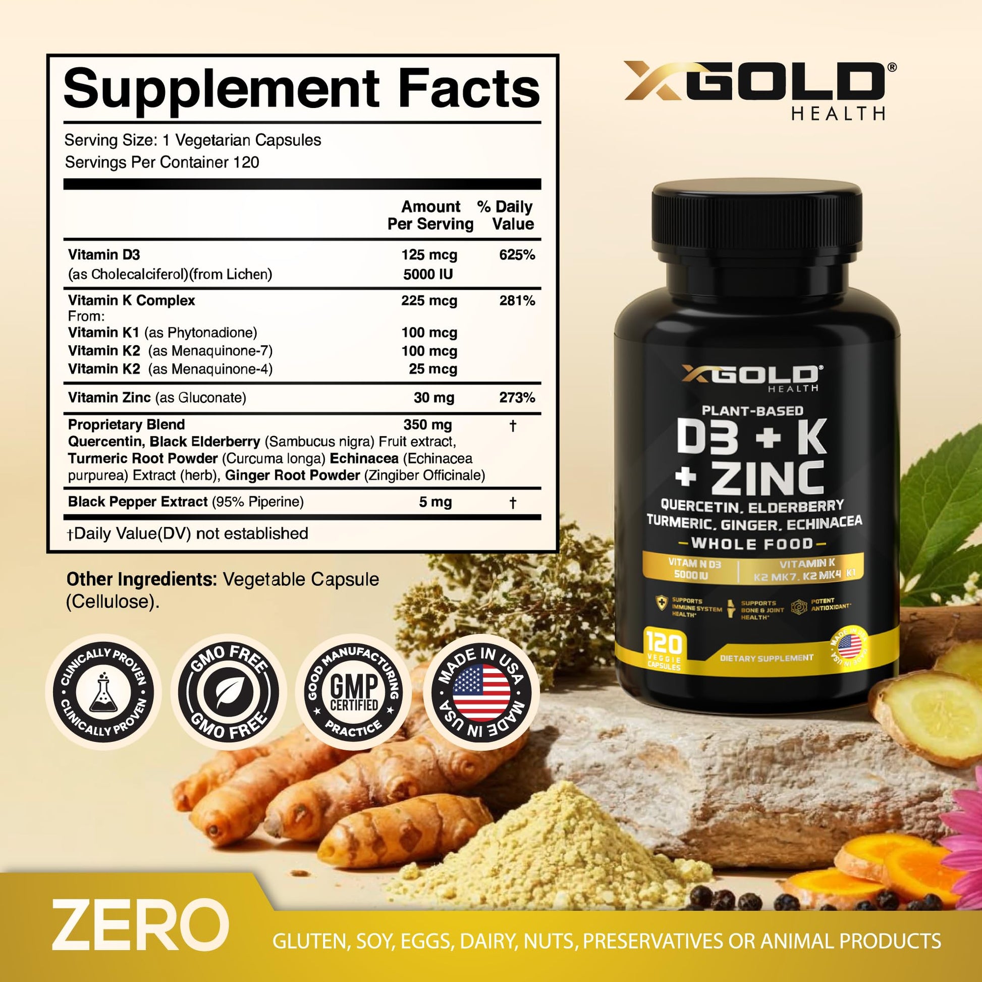 Vitamin D, K2, K1, Zinc, Quercetin, Elderberry, Turmeric, Ginger & Echinacea Whole Food Supplement 8 in 1- D3 5000 IU Plant-Based from Lichen, Vitamin K (K2 MK7, MK4, K1) X Gold Health buy supplements canada
