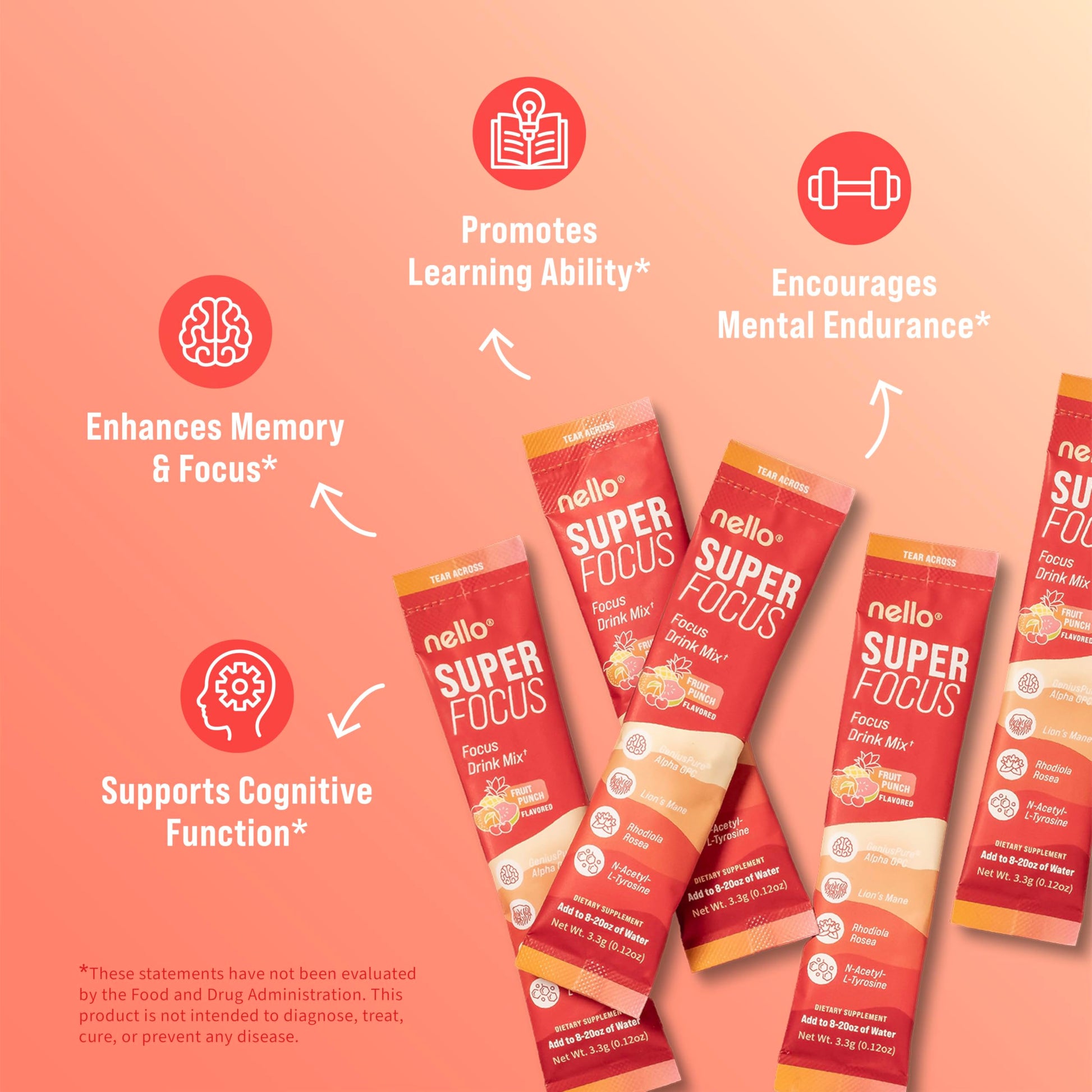 Nello Superfocus Focus Drink Mix – Fruit Punch Flavor – Alpha GPC, Lion’s Mane, Rhodiola & N-Acetyl L-Tyrosine – Sugar-Free, On-the-Go Packets – 20 Servings Nello buy supplements canada