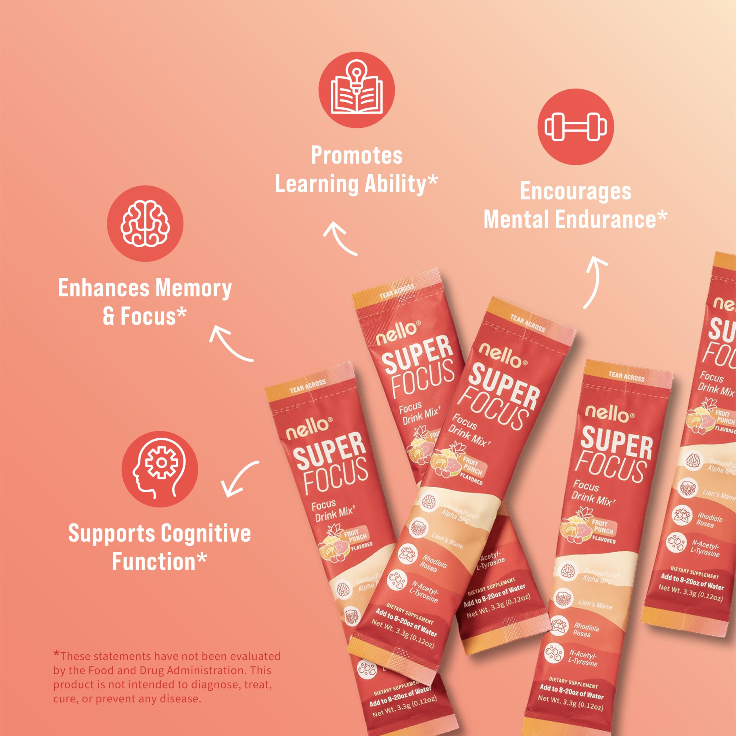 Nello Superfocus Focus Drink Mix – Fruit Punch Flavor – Alpha GPC, Lion’s Mane, Rhodiola & N-Acetyl L-Tyrosine – Sugar-Free, On-the-Go Packets – 20 Servings Nello buy supplements canada