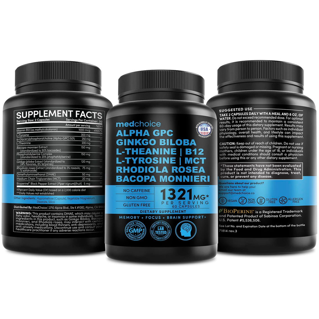 12-in-1 Nootropic Brain Supplement Anhydrous: Ginkgo Biloba for Brain Support, Memory and Focus - B12, Alpha GPC, L Theanine and Choline Supplements with Bioperine Non Caffeinated 1321mg (60ct) MEDCHOICE buy supplements canada