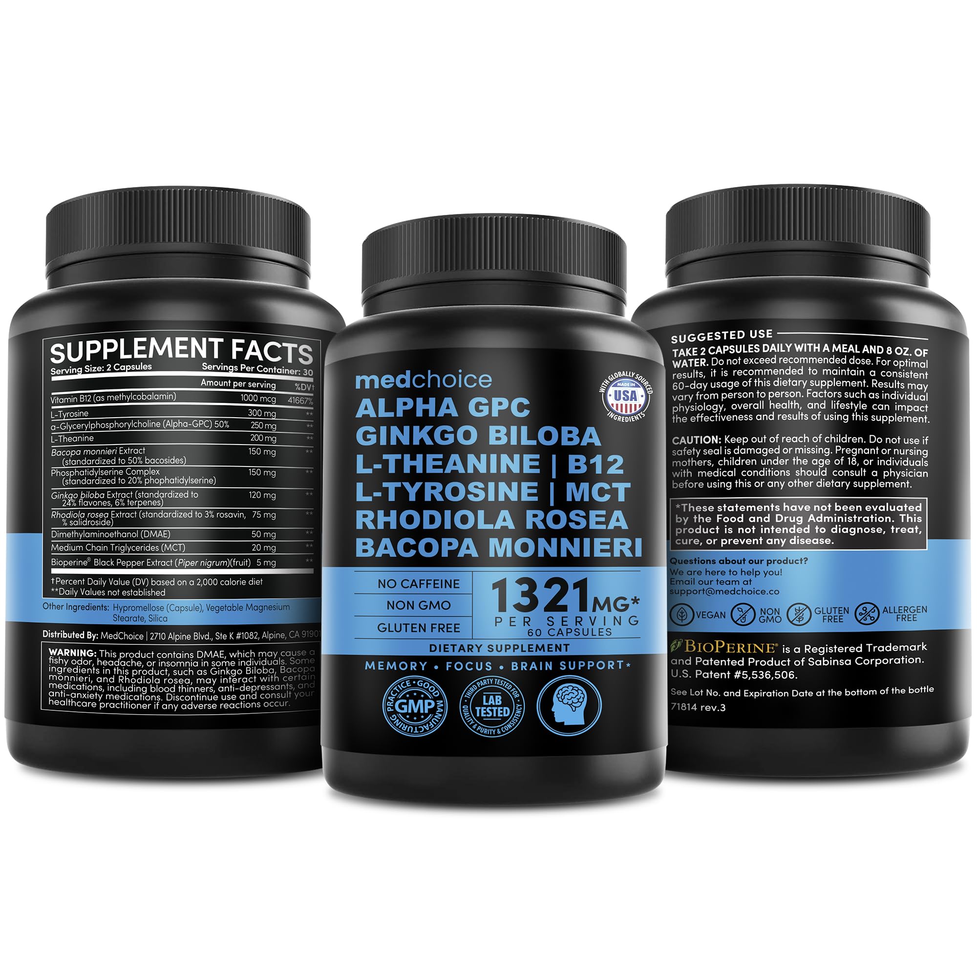12-in-1 Nootropic Brain Supplement Anhydrous: Ginkgo Biloba for Brain Support, Memory and Focus - B12, Alpha GPC, L Theanine and Choline Supplements with Bioperine non Caffeinated 1321mg (120ct) MEDCHOICE buy supplements canada