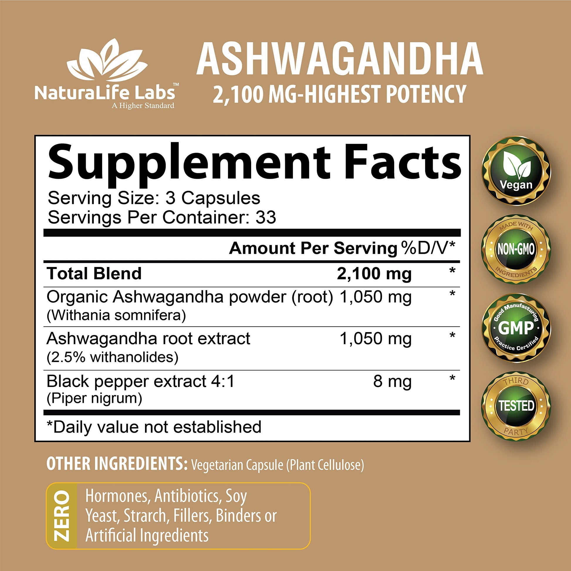 Organic Ashwagandha 2,100 mg - 100 Vegan Capsules Pure Organic Ashwagandha Powder NaturaLife Labs A Higher Standard buy supplements canada