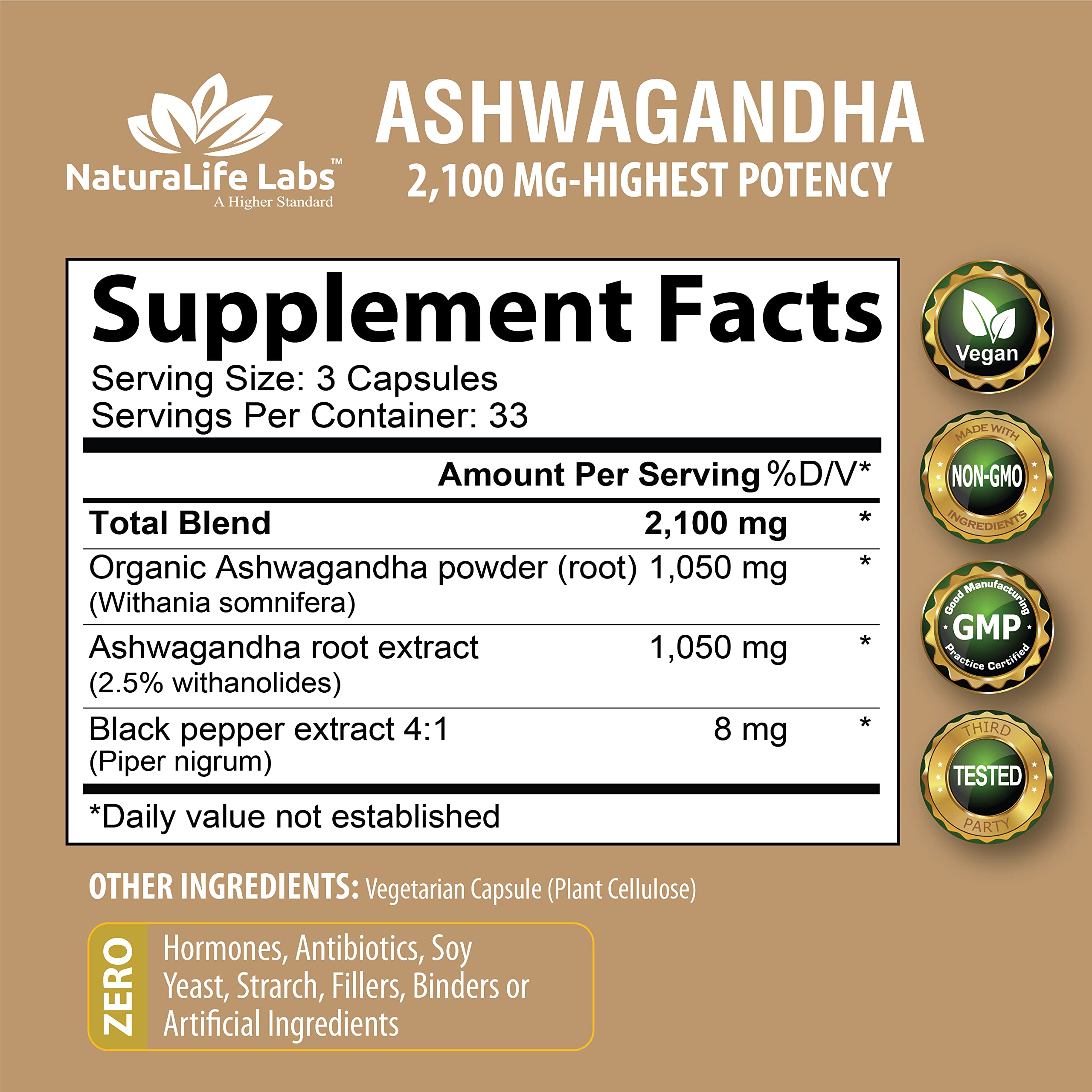 Organic Ashwagandha 2,100 mg - 100 Vegan Capsules Pure Organic Ashwagandha Powder NaturaLife Labs A Higher Standard buy supplements canada