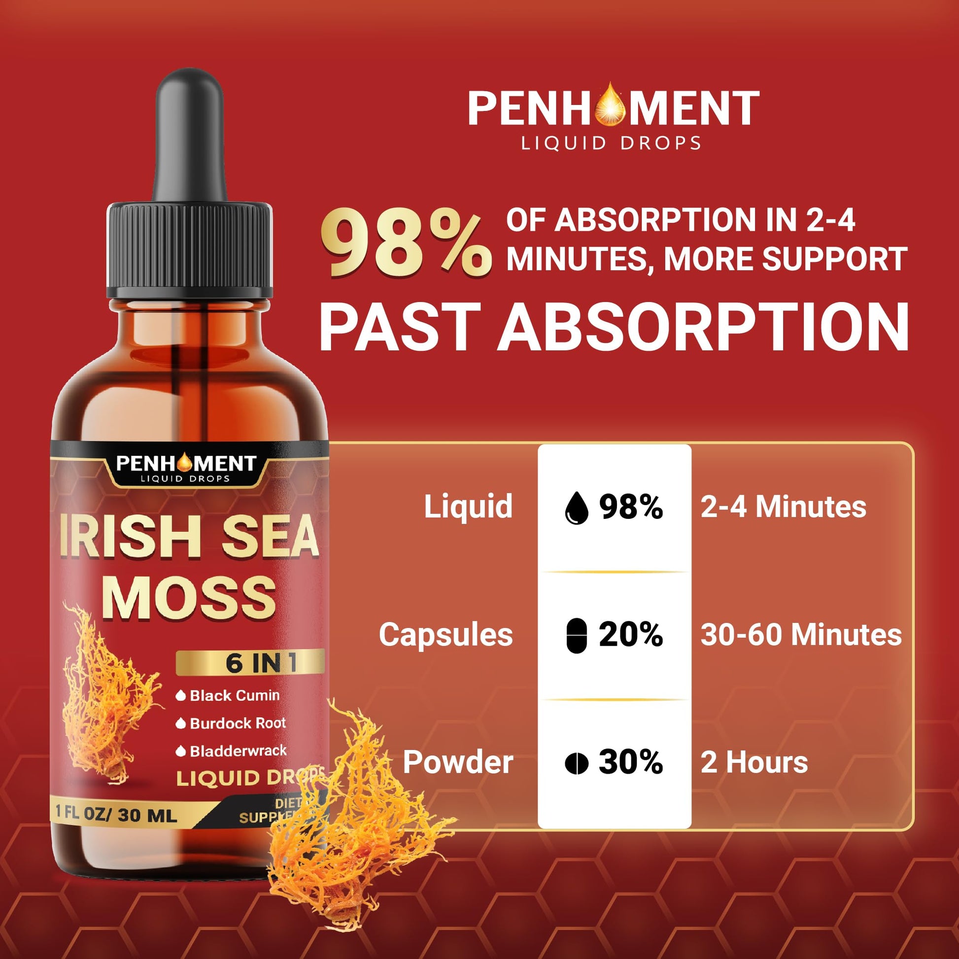 Penhoment 6in1 Sea Moss Drops with Black Seed Oil Irish Seamoss, Ashwagandha, Burdock Root & Bladderwrack - 1FL Oz - 30 Day Supply Penhoment buy supplements canada