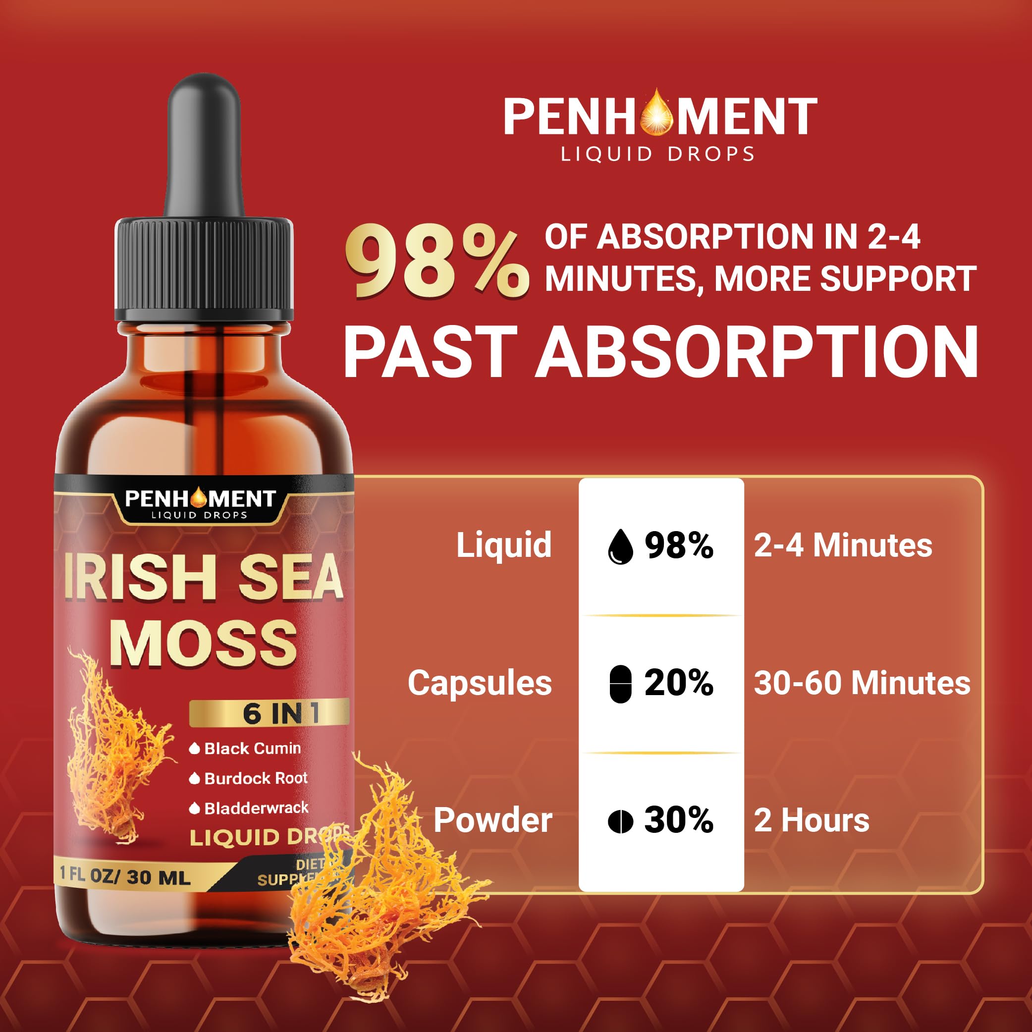 Penhoment 6in1 Sea Moss Drops with Black Seed Oil Irish Seamoss, Ashwagandha, Burdock Root & Bladderwrack - 1FL Oz - 30 Day Supply Penhoment buy supplements canada