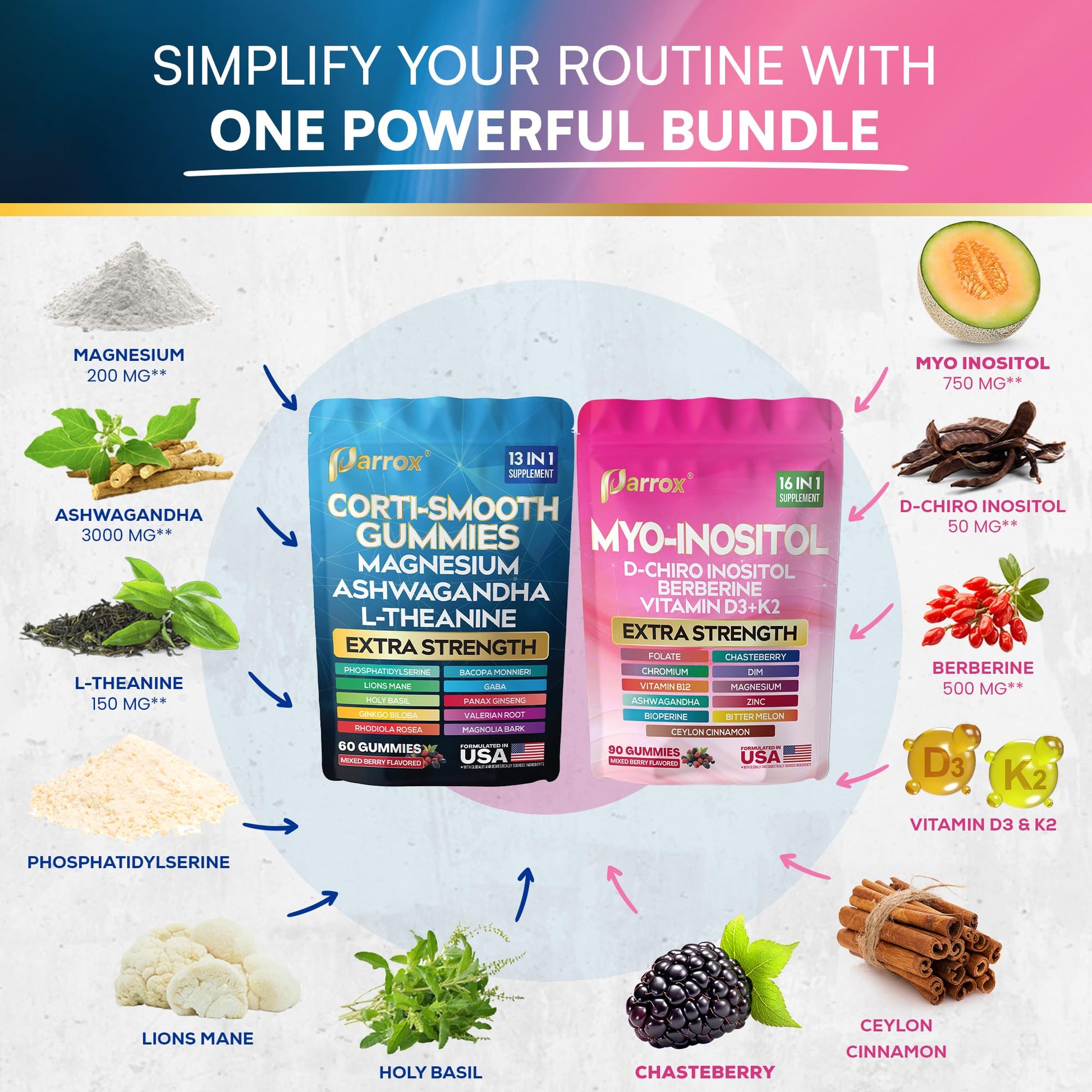 Soothe & Smooth Bundle Gummies - Cortisol & Myo-Inositol Supplement with D-Chiro Inositol, Berberine, Magenesium, Ashwagandha, L-Theanine, Vitamins D3+K2 & B12, Folate, Zinc Lion's Mane (150 Gummies) Parrox buy supplements canada