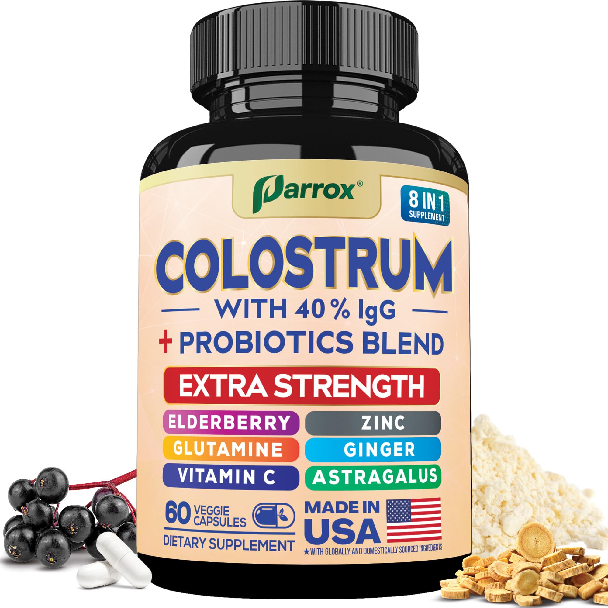 Parrox Colostrum Supplement Capsules, Grass Fed Cow Colostrum with 40% IgG, Probiotics Blend, Elderberry, Astragalus, Zinc, Ginger, Vitamin C, L-Glutamine, 8 in 1 Extra Strength Bovine Boost (60 Caps) Parrox buy supplements canada