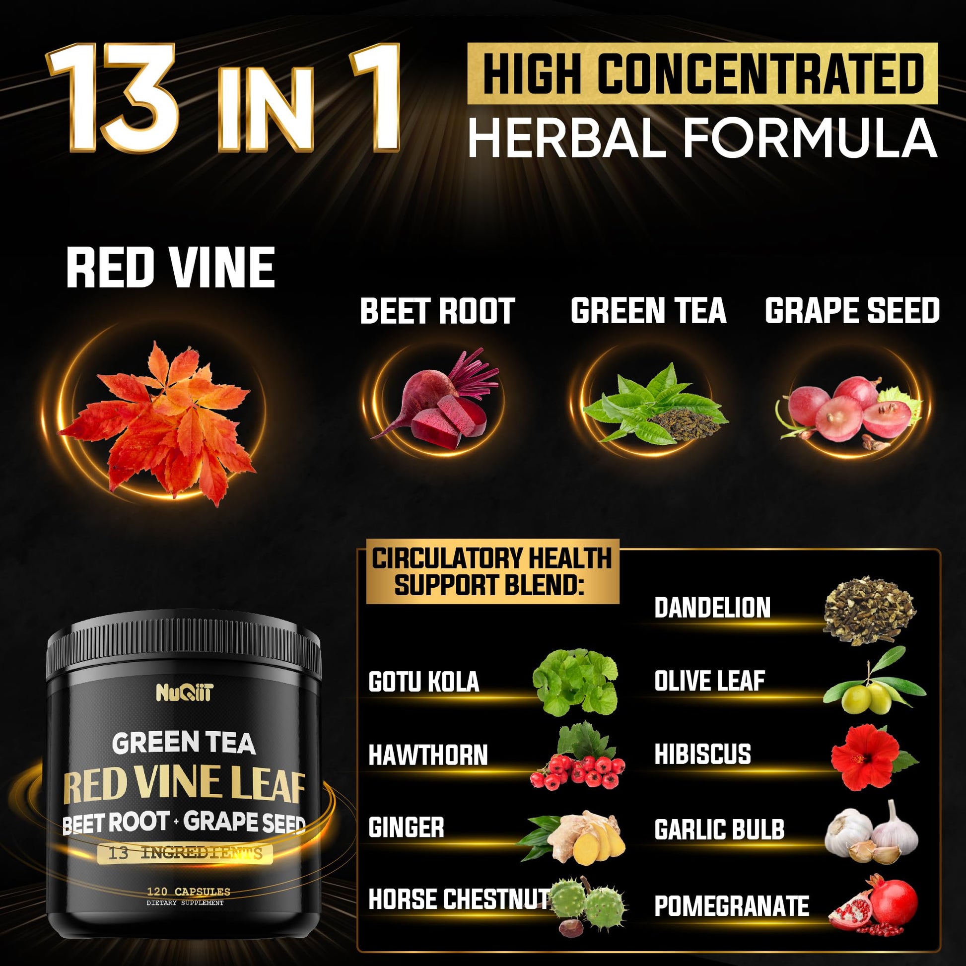 Red Vine Leaf Extract 15000mg Beet Root 3000mg Organic Green Tea 3000mg Supplement & More - Support Heart Health, Strength, Immune System & Body Management - 120 Vegan Capsules for 2-Month Supply NUQIIT buy supplements canada