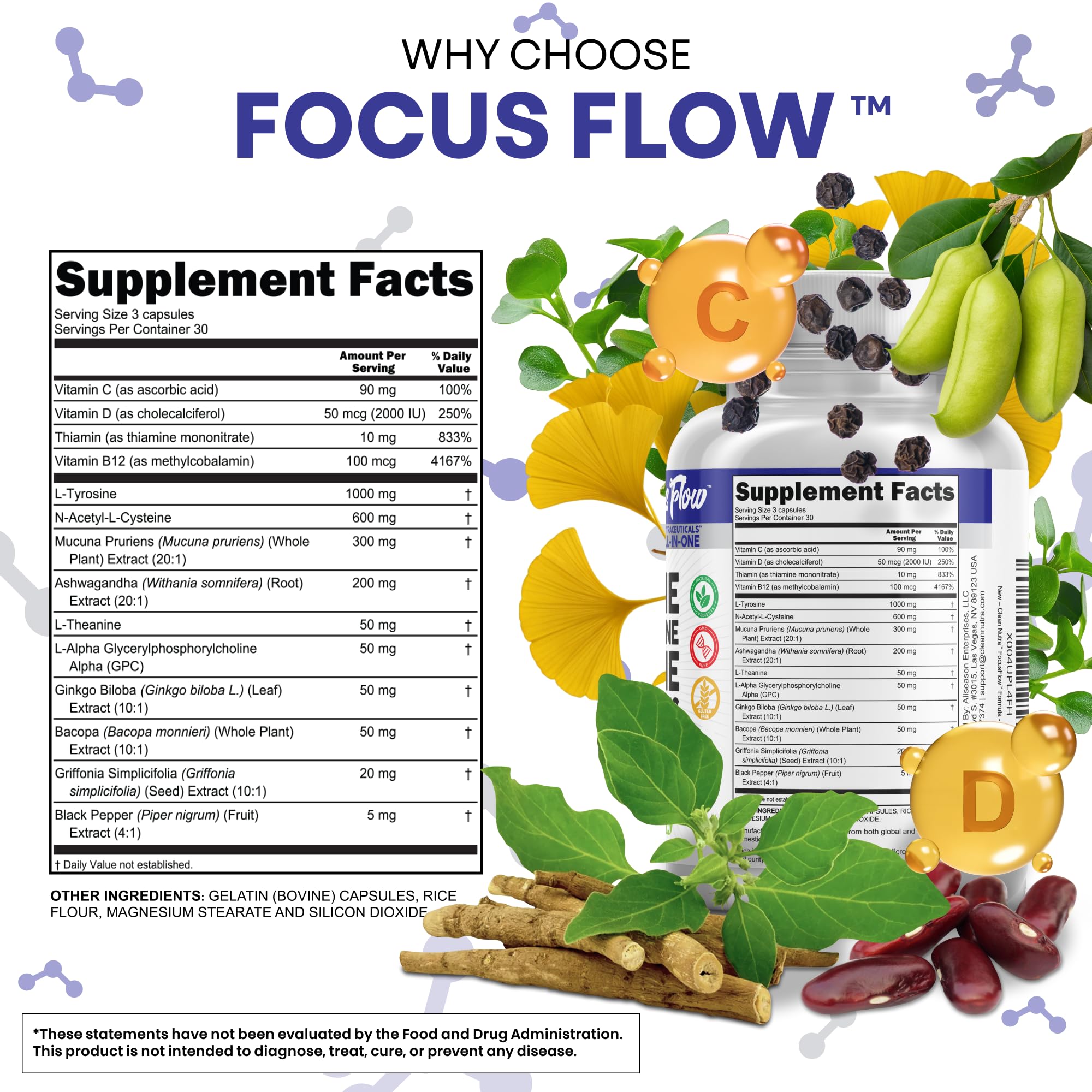 Focus Flow L-Tyrosine Vitamin B C D L-Theanine Ashwagandha Ginkgo Biloba Vitamin B12 Thiamine Black Pepper N-Acetylcysteine Mucuna Pruriens 90 Count Capsules by Clean Nutra Clean Nutraceuticals buy supplements canada