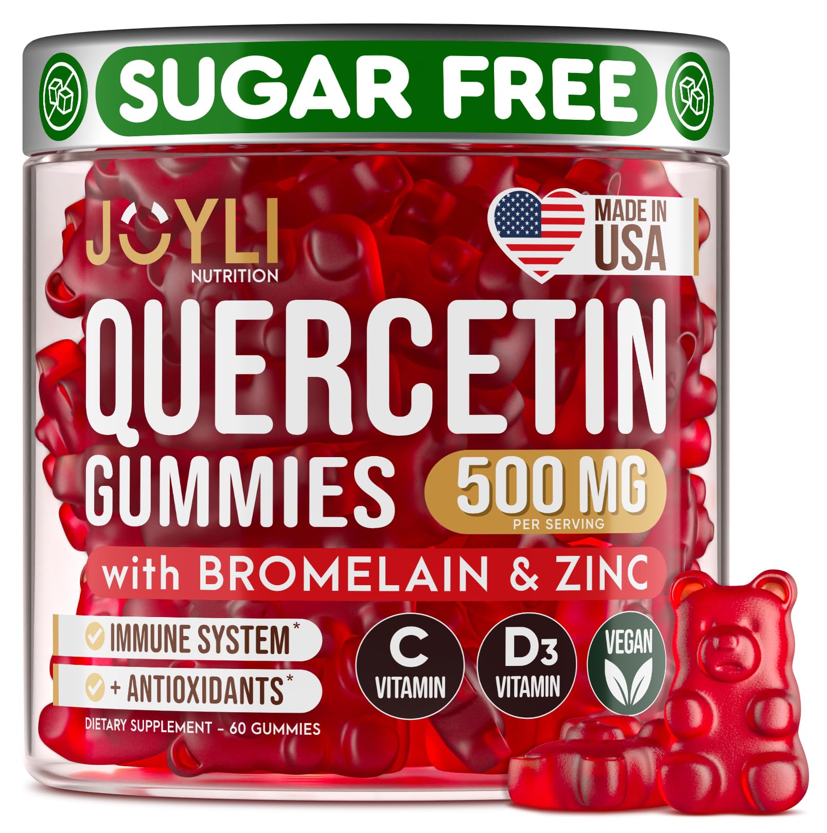 JOYLI Quercetin Gummies - Quercetin with Bromelain Zinc Vitamin C & Vitamin D3 - Quercetin Supplement 500MG for Immune System & Allergy - Quercetin for Kids and Adults - 60 Quercetin Chewable JOYLI Nutrition buy supplements canada