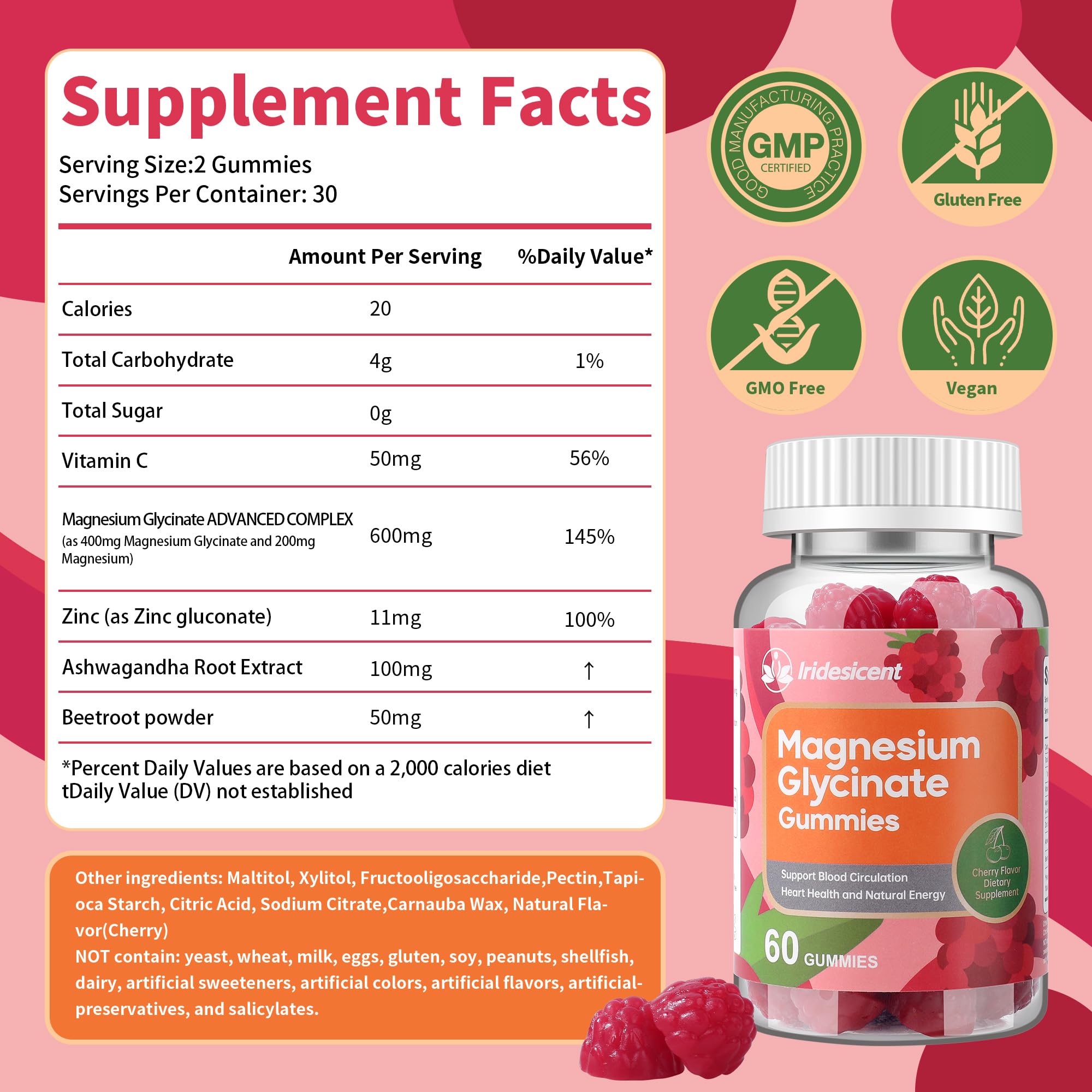 IRIDESICENT Magnesium Glycinate Gummies 400mg, Sugar Free Magnesium Supplement w/Ashwagandha, Zinc, Vegan Magnesium Glycinate Supplement for Adults - 120 Cherry Gummies IRIDESICENT buy supplements canada