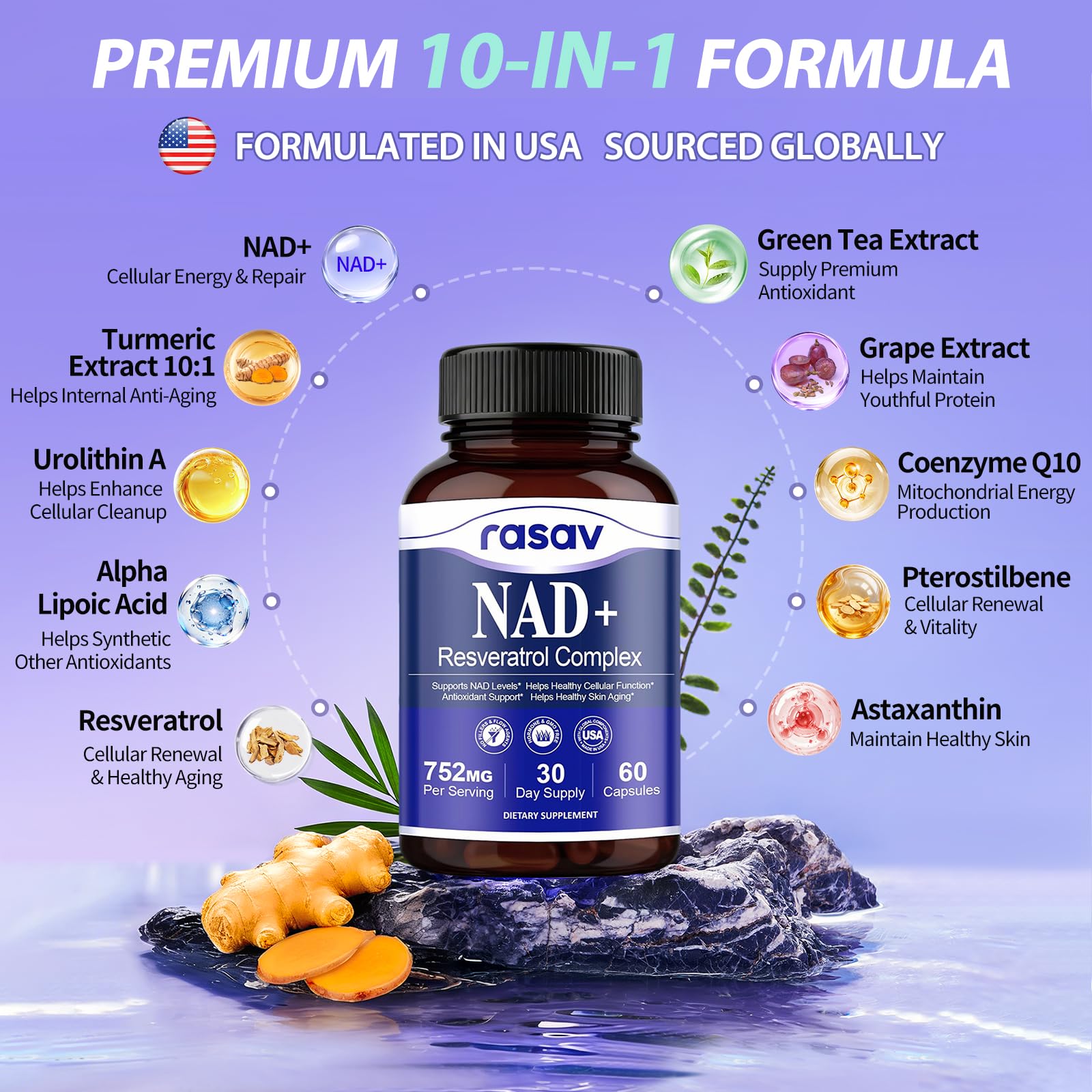 Rasav NAD Supplement 10-in-1 Extra Strength – NAD Resveratrol with CoQ10, Urolithin A, Green Tea Extract & ALA – NMN Supplement Alternative for Women & Men Rasav buy supplements canada