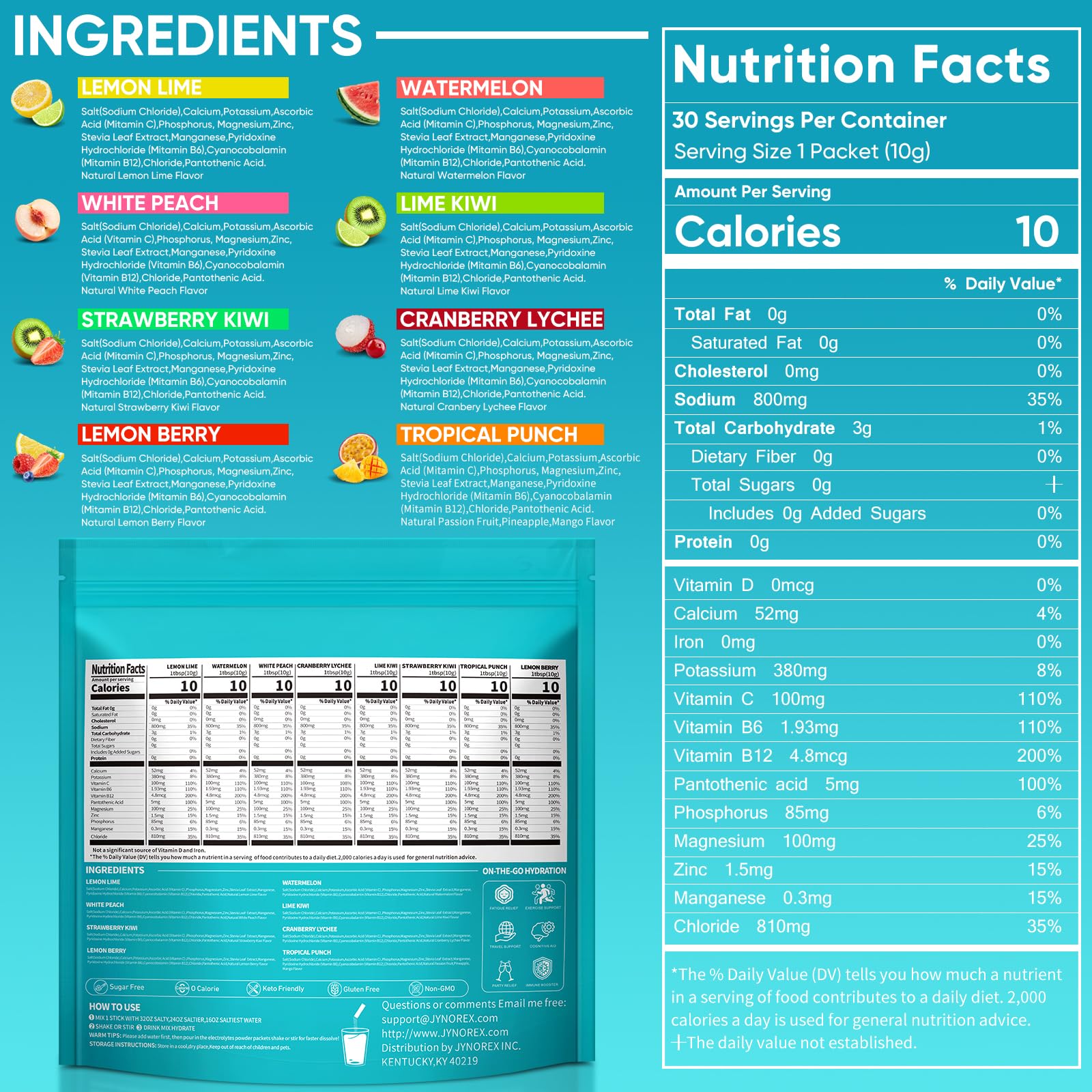 JYNOREX Electrolytes Powder Packets Sugar Free, 30 Sticks High Sodium Hydration Packets, Electrolyte Drink Mix with Lemon Lime Watermelon Peach Berry Kiwi JYNOREX buy supplements canada