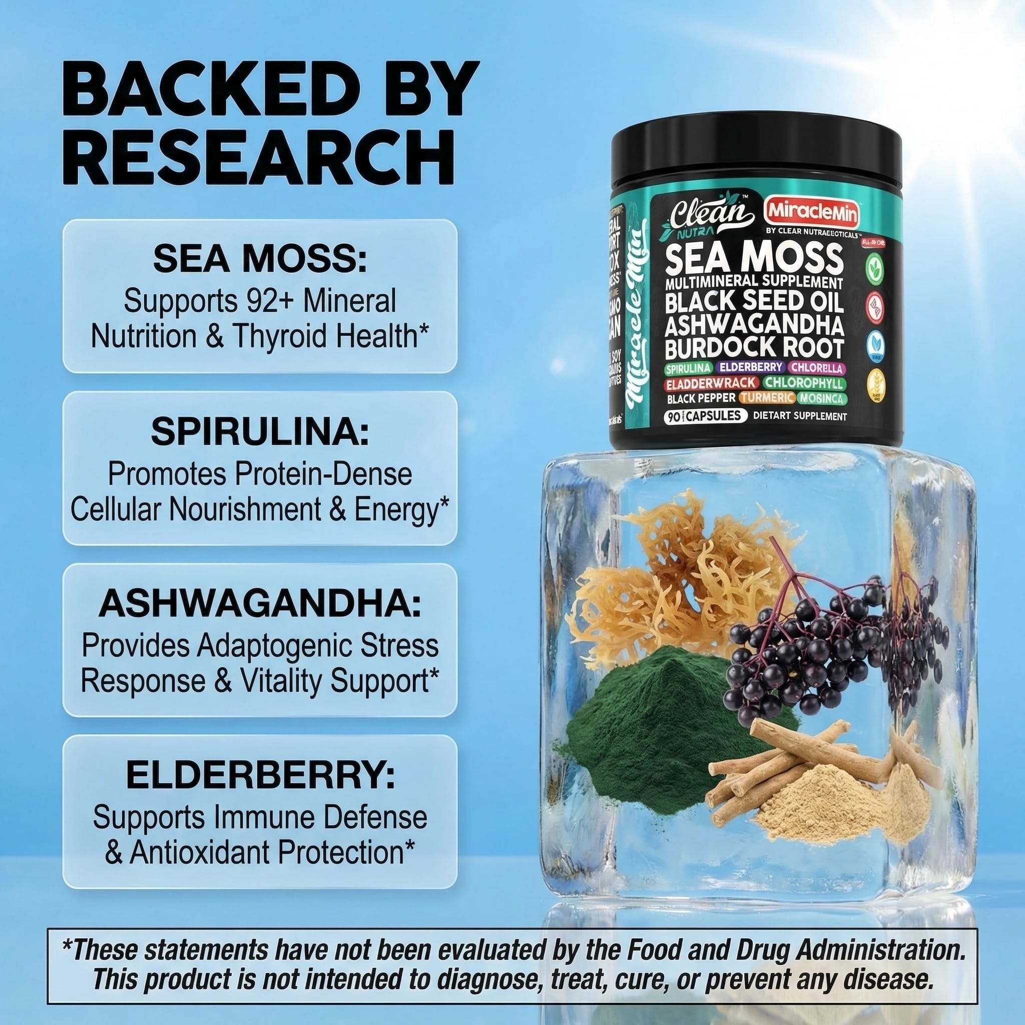 Clean Nutra Organic Sea Moss Capsules with Ashwagandha, Black Seed Oil, Burdock Root, Bladderwrack, Moringa, Chlorella, Spirulina, Turmeric, Elderberry, Amla – 90 Vegan Capsules – MiracleMin Clean Nutraceuticals buy supplements canada