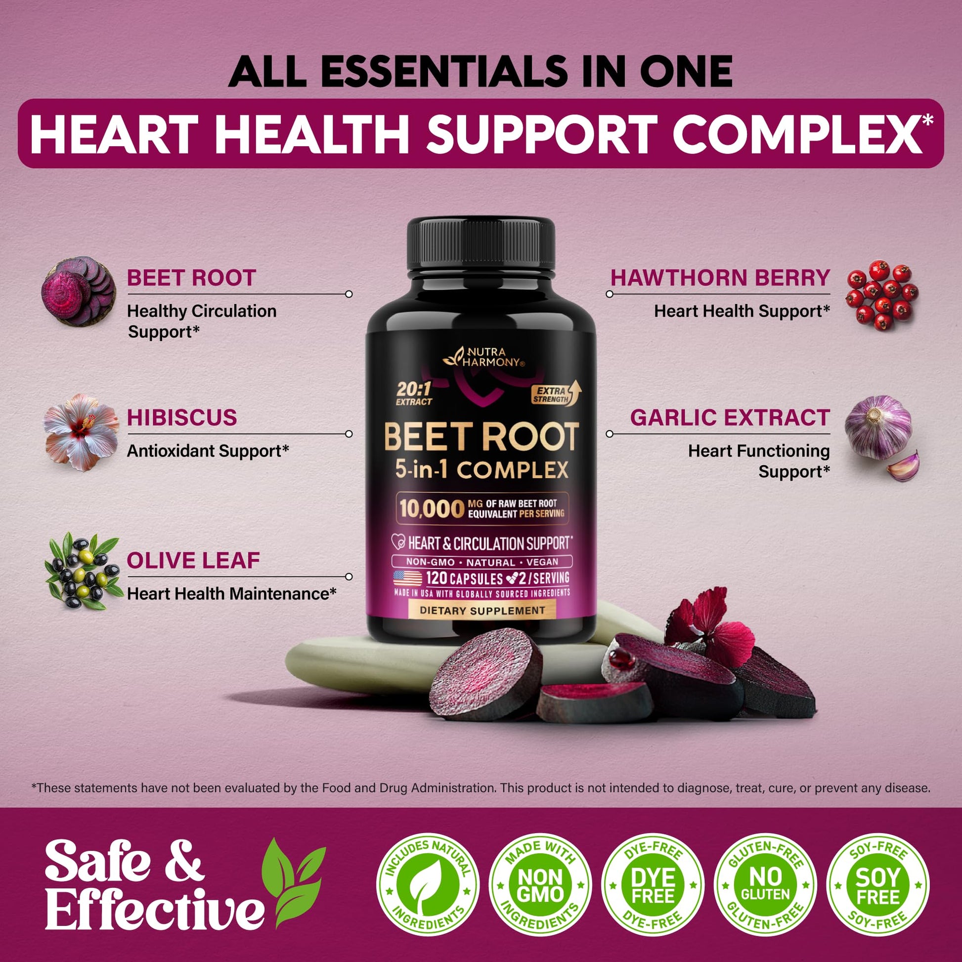 Beet Root 5-in-1 Complex Capsules - Healthy Blood Pressure Support Supplement for Heart & Circulation Support - Olive Leaf, Hawthorn Berry & Hibiscus NUTRAHARMONY buy supplements canada