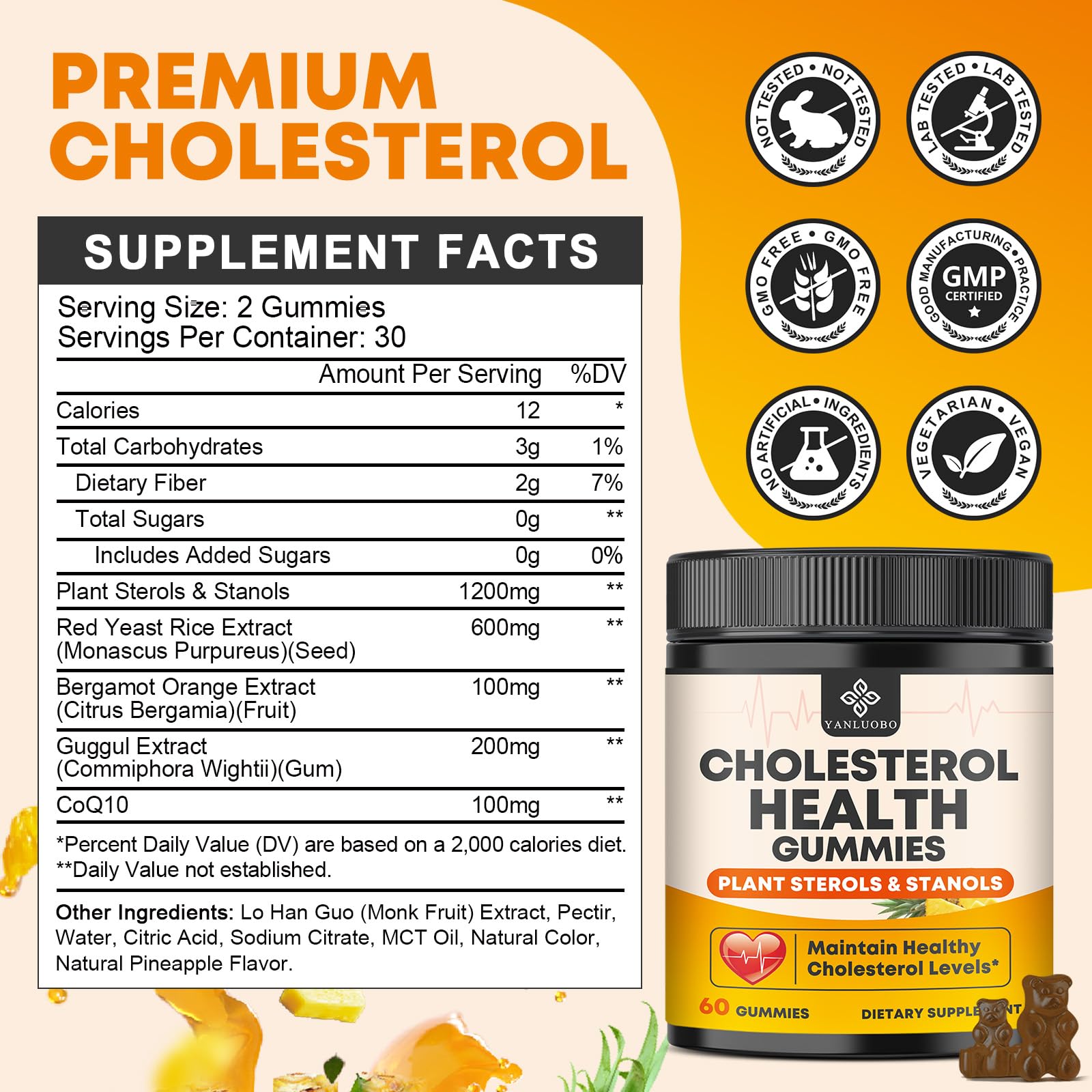 Cholesterol Supplements with 1200mg Plant Sterols & Stanols, Guggul, Bergamot, Red Yeast Rice, Cholesterol Complex Gummies Support Healthy Cholesterol Levels, Pineapple Flavor, 60 Counts YANLUOBO buy supplements canada