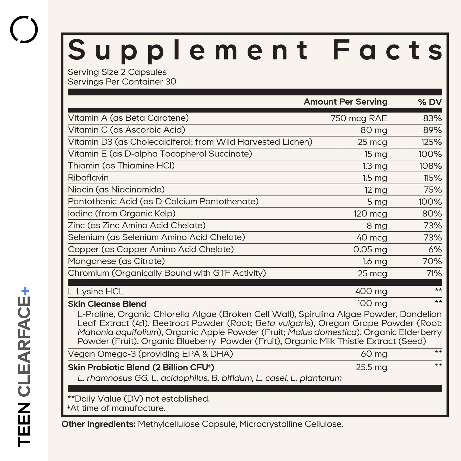 Codeage Teen Clearface Adolescent Face, Skin & Pimples, Vitamins A, C, D3, E, Pantothenic Acid, Niacin, Zinc Supplement Teenagers, Probiotics, L-Lysine, Omega-3, Oily Skin, Pores, Spots - 60 Capsules Codeage buy supplements canada