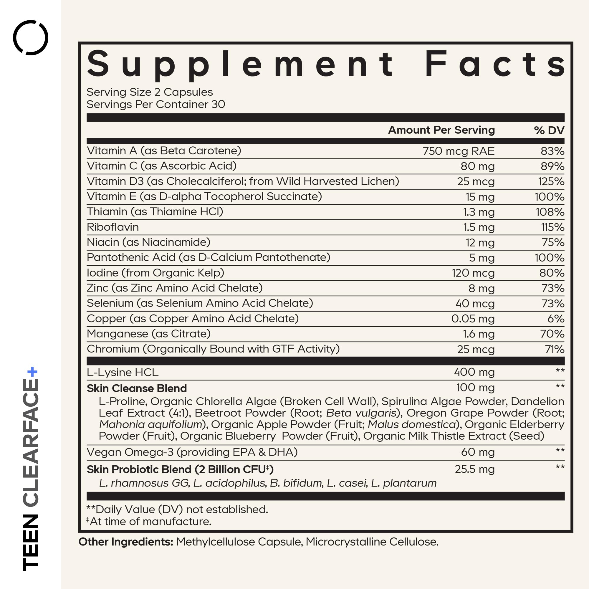 Codeage Teen Clearface Adolescent Face, Skin & Pimples, Vitamins A, C, D3, E, Pantothenic Acid, Niacin, Zinc Supplement Teenagers, Probiotics, L-Lysine, Omega-3, Oily Skin, Pores, Spots - 60 Capsules Codeage buy supplements canada