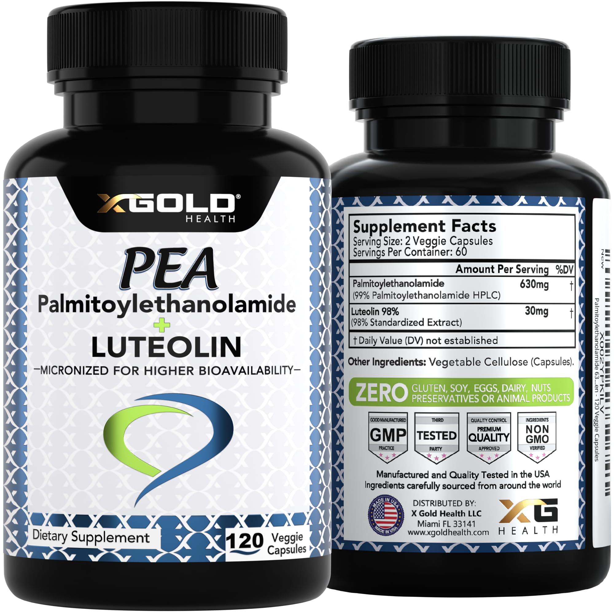 Palmitoylethanolamide 630 mg + Luteolin Standardized 98%- Micronized Pea 99% Highly Purified and Bioavailable - Made in USA - Supplement for Men and Women - 120 Veggie Capsules X Gold Health buy supplements canada