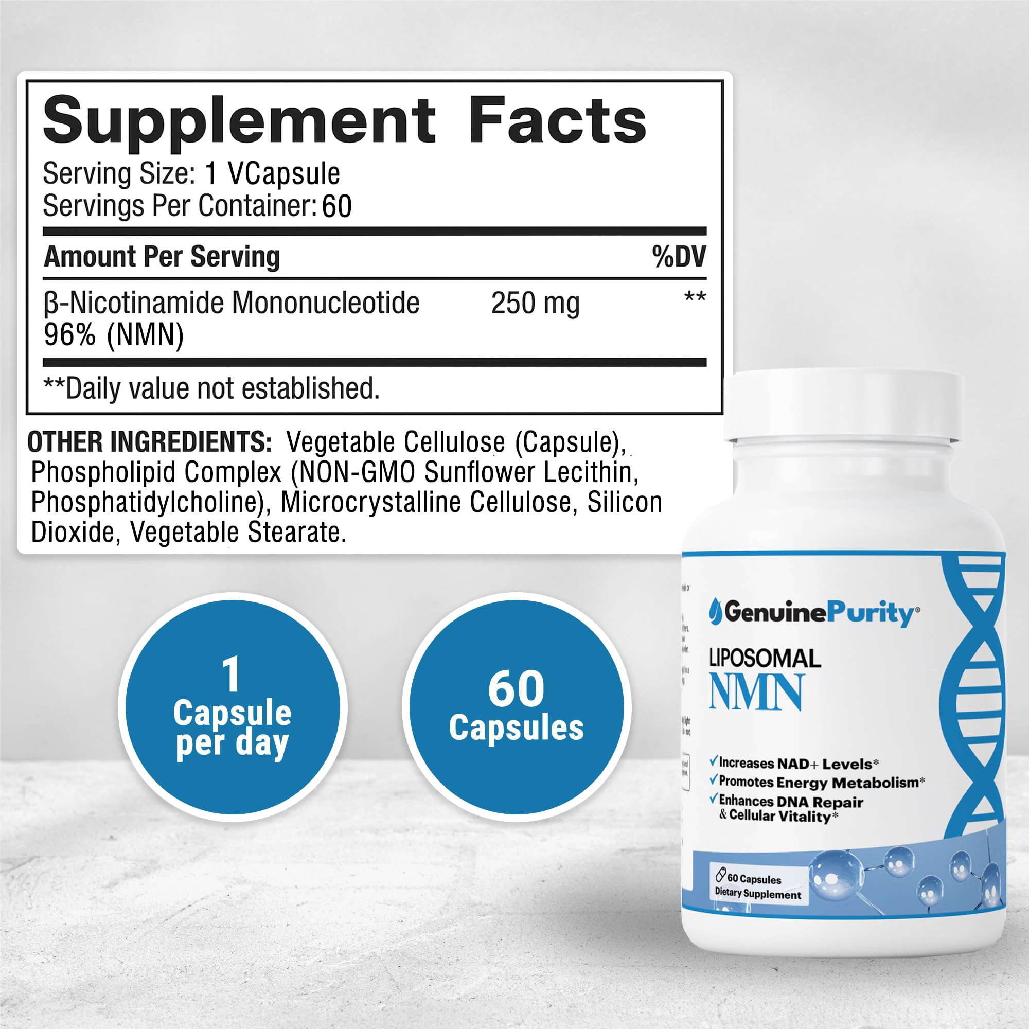 GenuinePurity - 250mg Liposomal NMN Supplement - 60 Vegan Capsules to Support NAD+ Production, Cellular Energy & Healthy Aging - Nicotinamide Mononucleotide for Metabolic Wellness & Immune Support GenuinePurity buy supplements canada