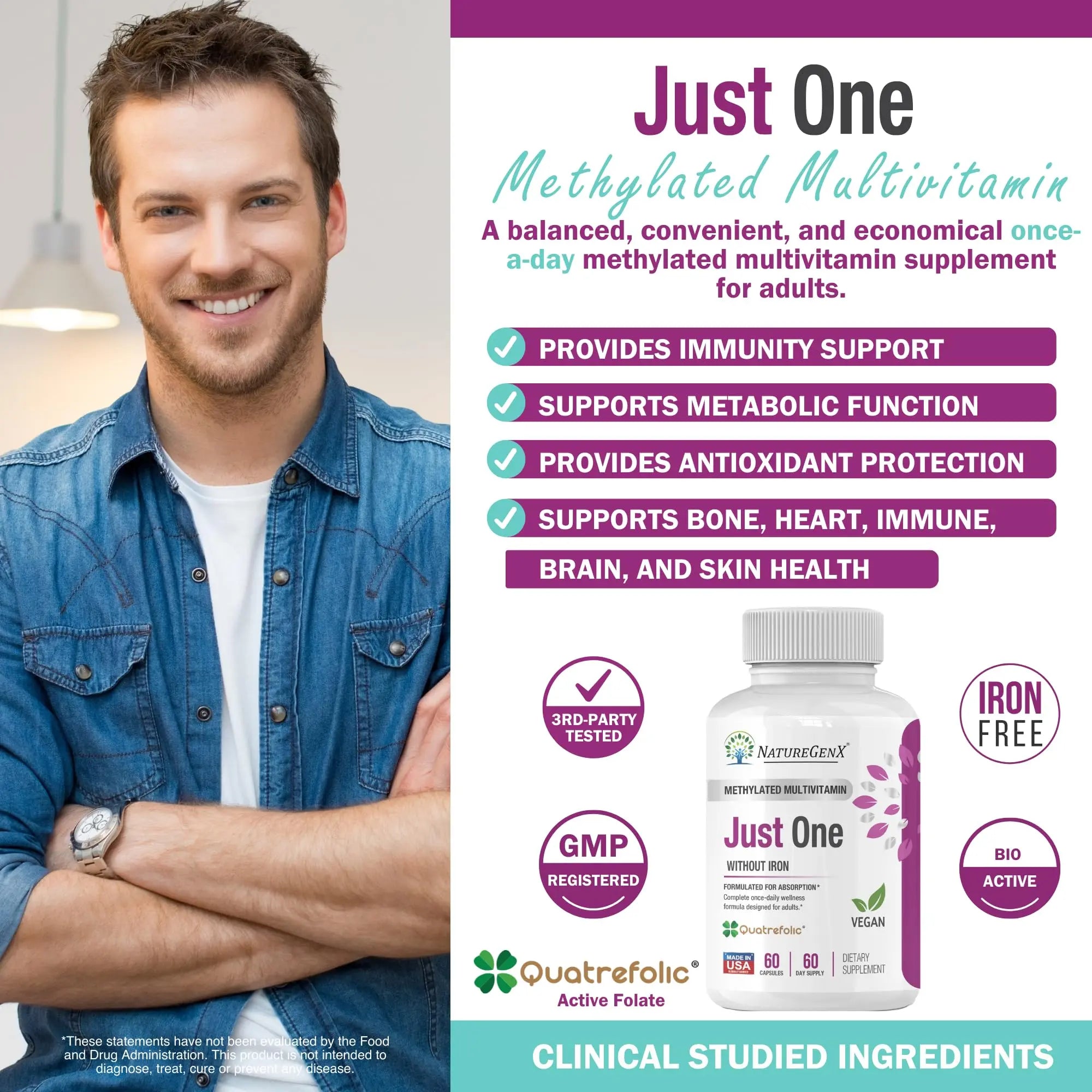 NatureGenX Just One Daily Methylated Multivitamin - 60 Caps Pure Methyl B12, Methylfolate MTHFR Support Supplement Iron Free Methylated Vitamins NatureGenX buy supplements canada