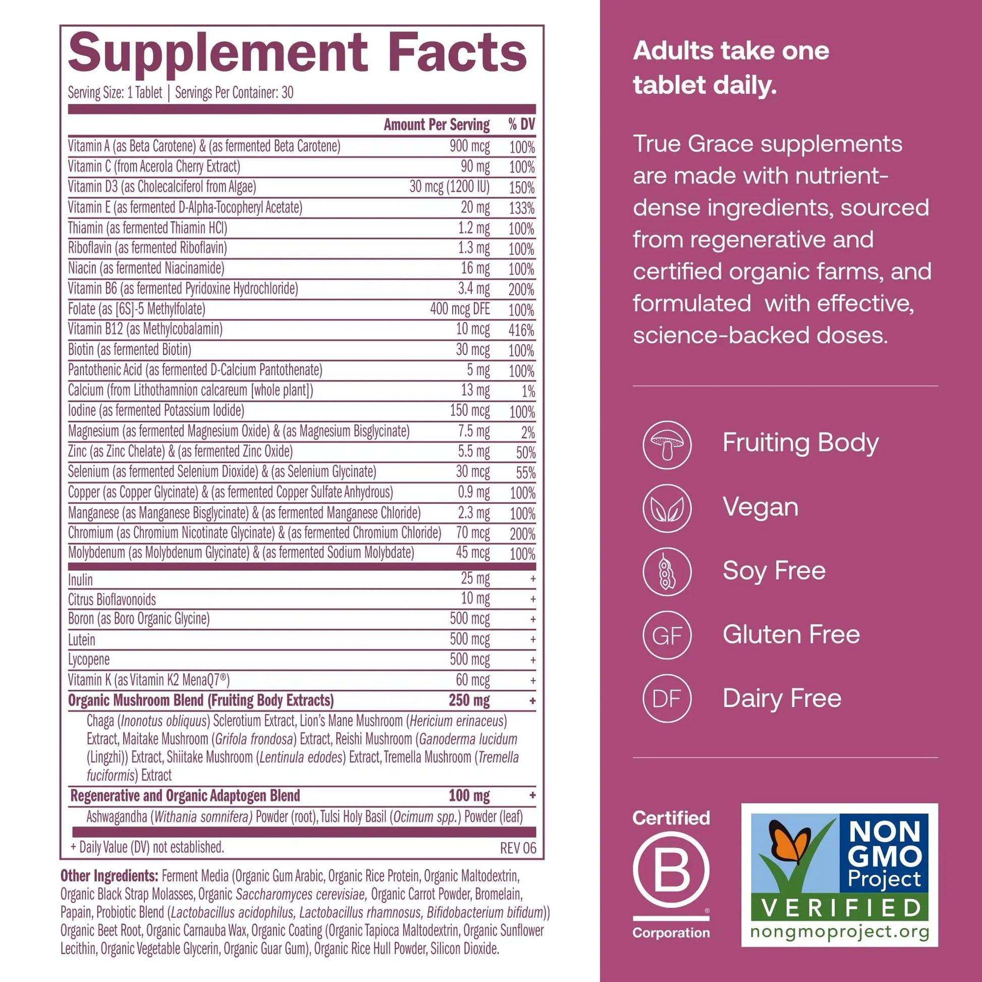 True Grace One Daily Women’s Multivitamin 40+ Fermented Minerals, Organic Adaptogens & Mushrooms Energy, Immune, Bone Support True Grace buy supplements canada