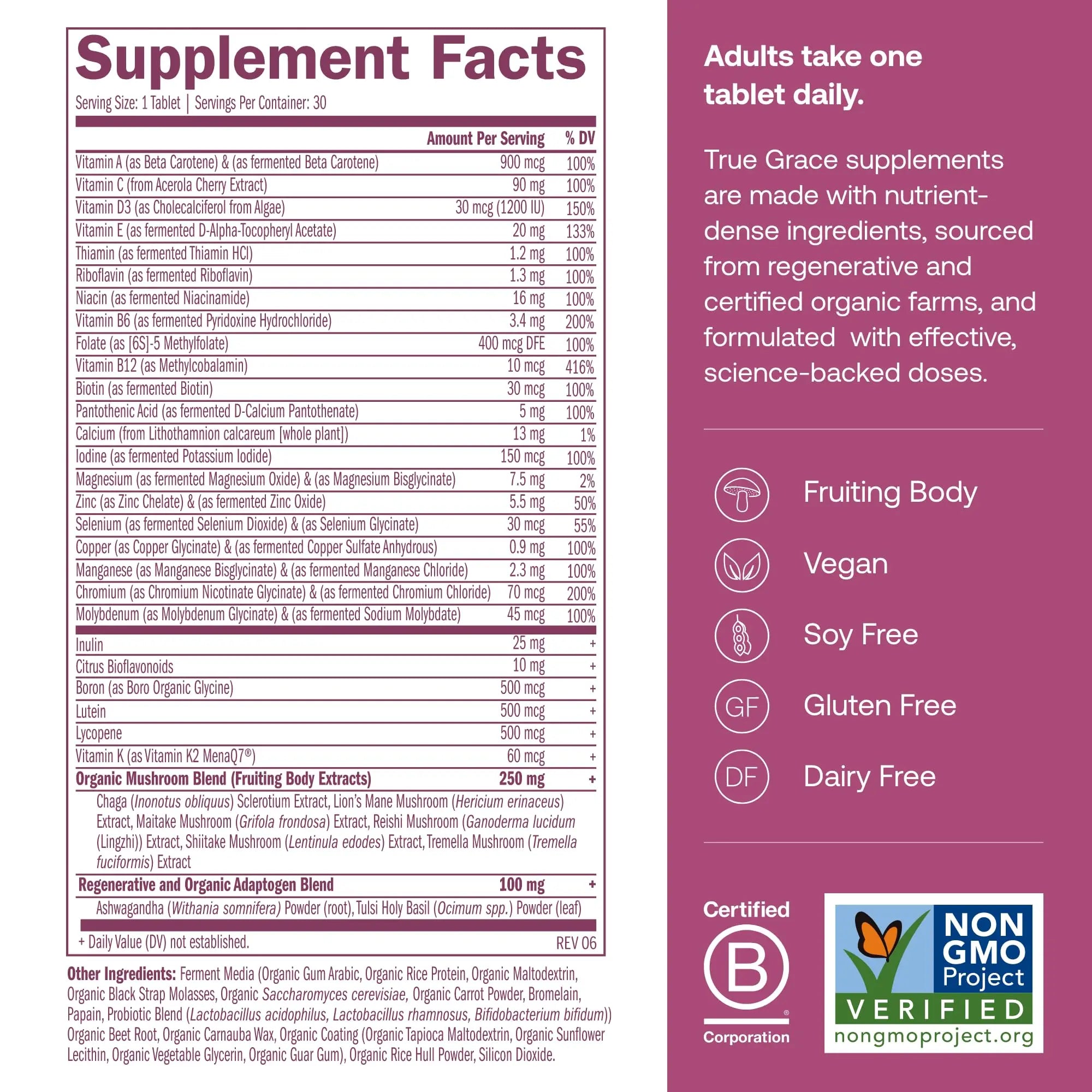True Grace One Daily Women’s Multivitamin 40+ Fermented Minerals, Organic Adaptogens & Mushrooms Energy, Immune, Bone Support True Grace buy supplements canada