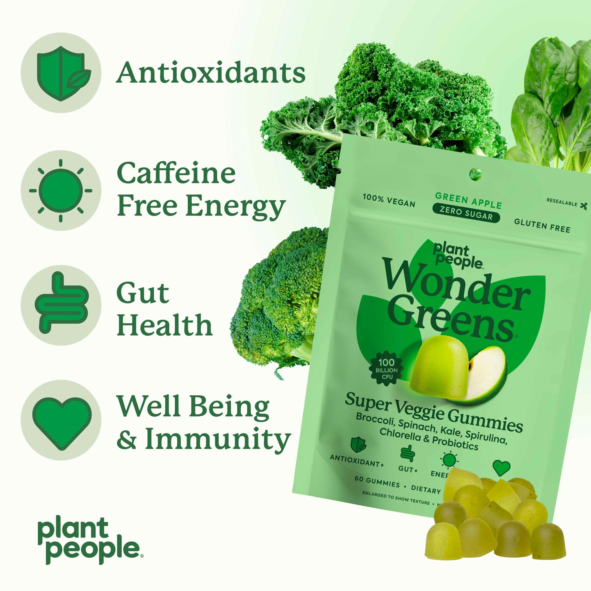 Plant People WonderGreens Veggie Gummies Super Greens with Probiotics Multivitamin Support Gummy for Wellbeing, Energy, Immune and Gut Health, Green Apple Flavor (60 Count) Plant People buy supplements canada