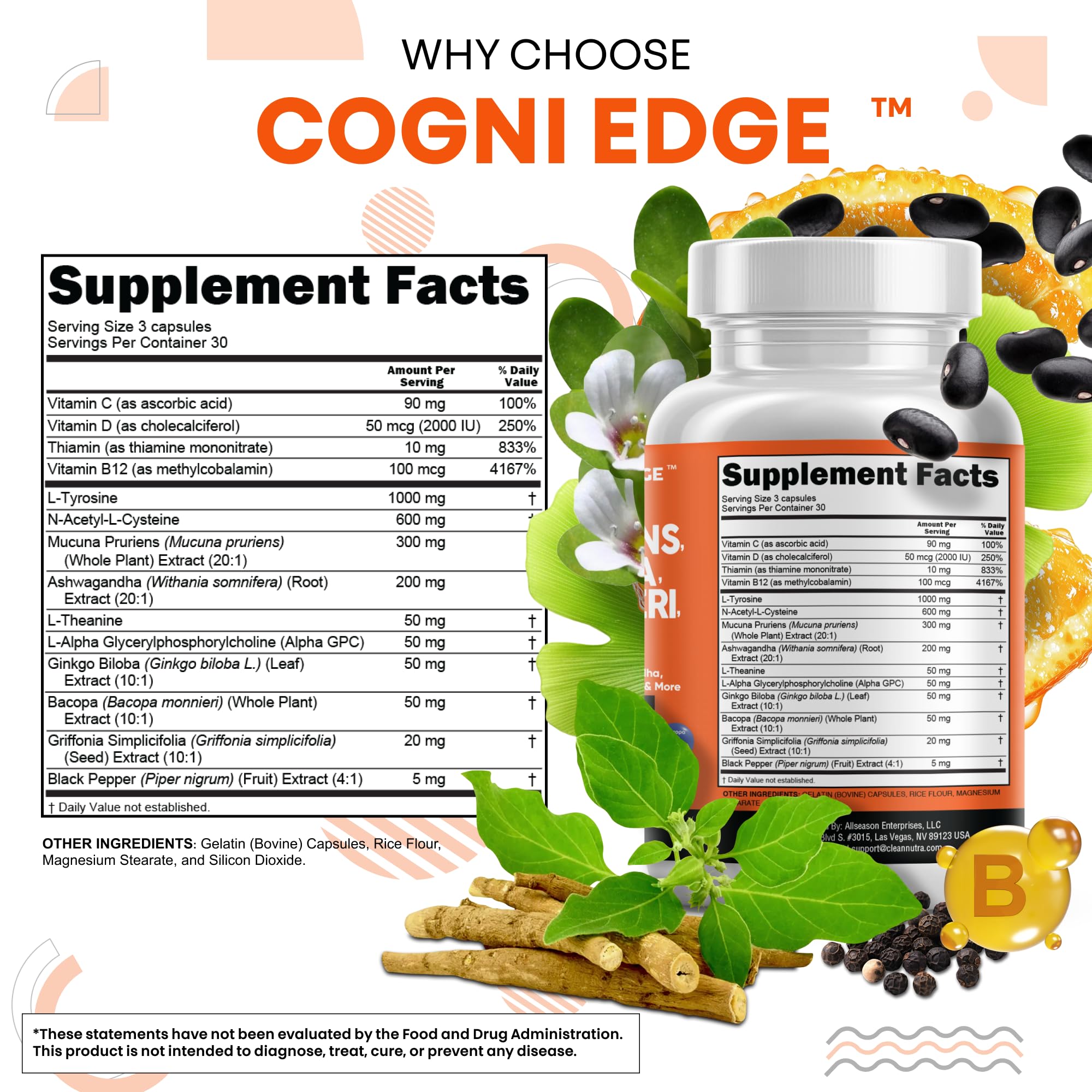 Clean Nutraceuticals L Tyrosine Mucuna Pruriens Bacopa Monnieri Ashwagandha Focus Supplement w/N-Acetyl Cysteine NAC 5-HTP Ginkgo Biloba Alpha GPC Vitamin C D B1 B12 Clean Nutraceuticals buy supplements canada