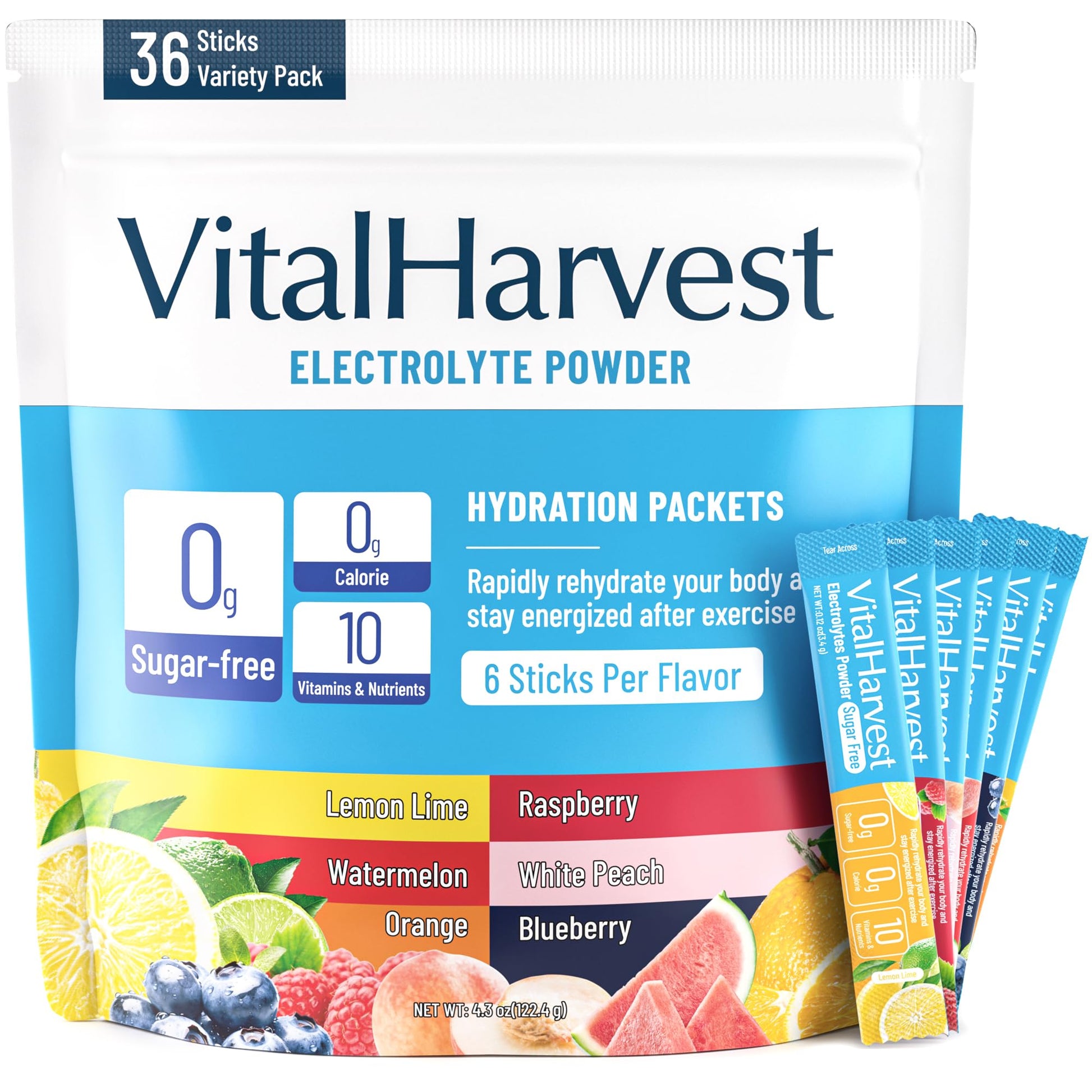 VitalHarvest 36 Sticks Electrolytes Powder Packets 6 Flavors Sugar Free Hydration Packets Electrolyte Liquid Daily IV Drink Mix with Lemon Lime, Watermelon, Orange VitalHarvest buy supplements canada