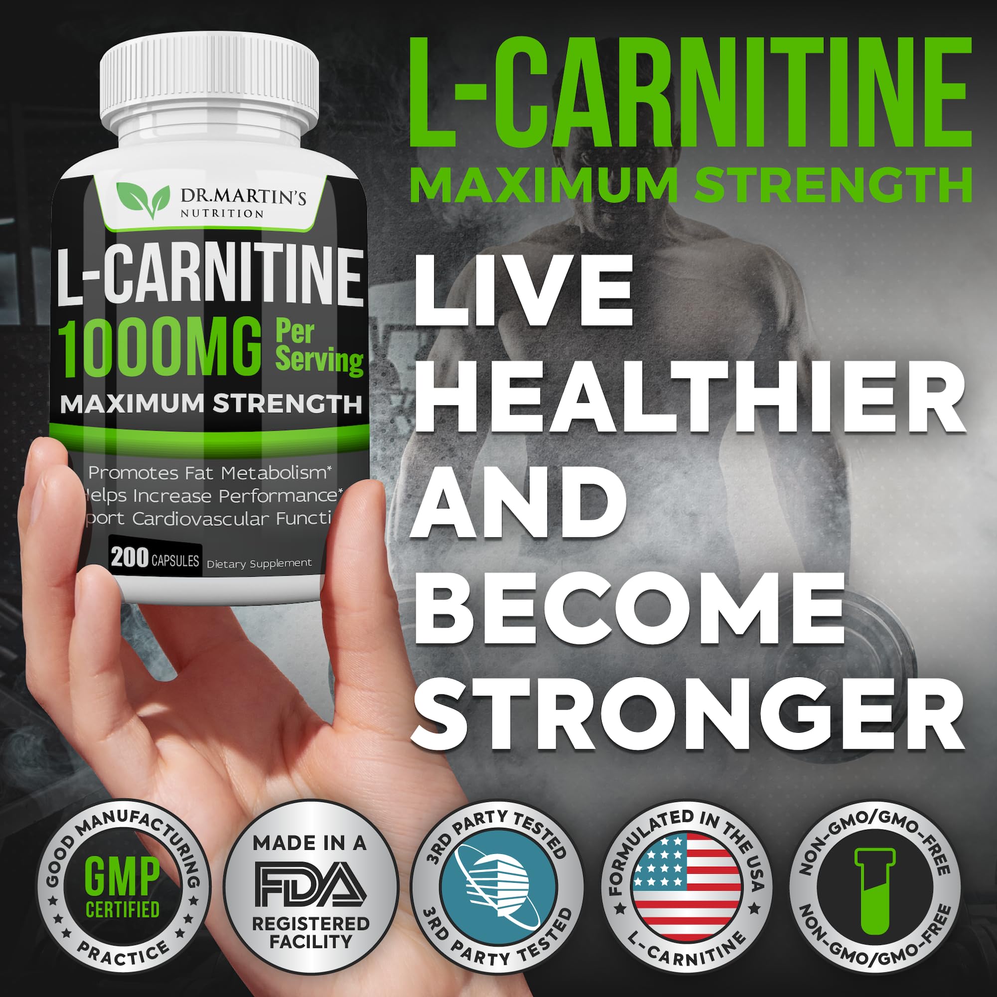 DR. MARTIN'S NUTRITION Extra Strength L-Carnitine - 200 Capsules - 1000mg Per Serving - Boost Your Metabolism and Increase Performance DR. MARTIN'S NUTRITION buy supplements canada