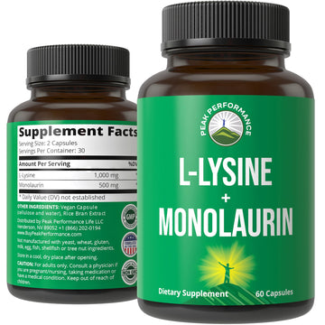 Peak Performance L Lysine 1000mg + Monolaurin 500mg High Potency Supplement for Lips, Skin, & Immune Support - L-Lysine 2-in-1 Bioavailable Supplements Peak Performance buy supplements canada