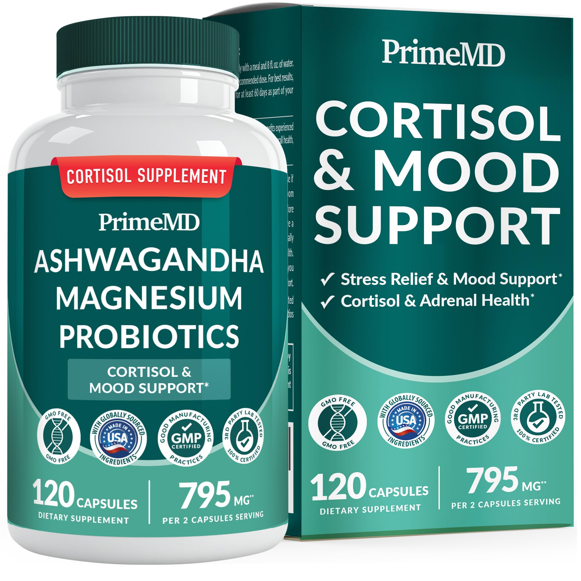 5-in-1 Cortisol Supplement for Women and Men with Ashwagandha for Calmness, Focus, and Adrenal Support Supplements with Shilajit Extract, Magnesium Glycinate, Probiotics (120 ct) (Pack of 1) PrimeMD buy supplements canada
